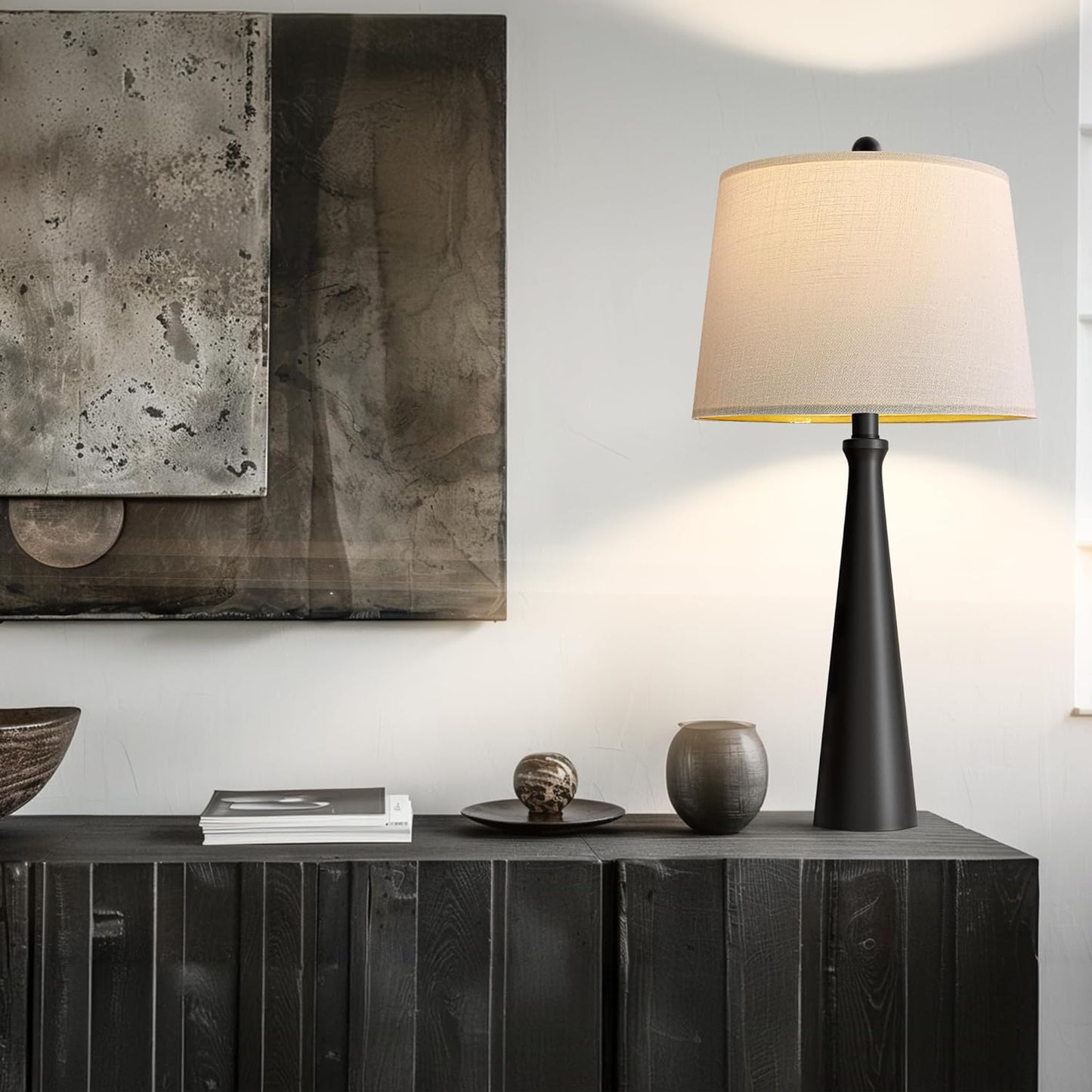 Oneach 25.75" Table Lamps for Living Room, Bedside Lamp 3-Way Dimmable Touch Control, Modern Black Nightstand Lamp with Fabric Shade, Vintage Table Lamp for Bedroom, Bulb Included