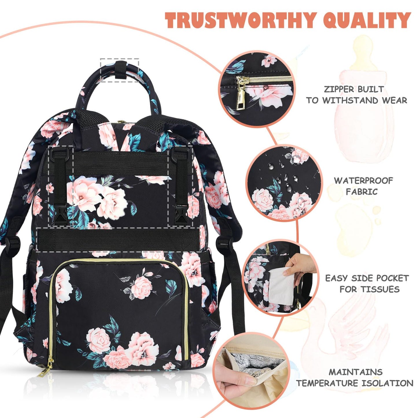 Baby Diaper Bag Backpack, Travel Diaper Bags for Girl Boy Large Capacity Baby Bag Backpack for Women Black Floral