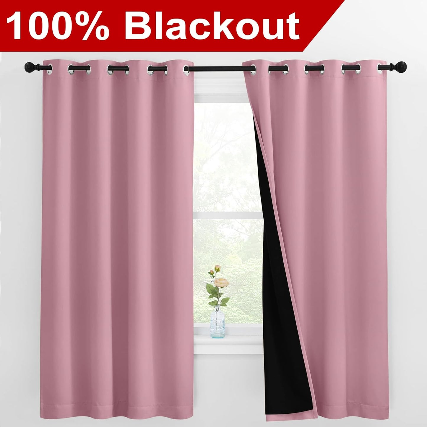 NICETOWN 100% Blackout Curtains with Black Liners, Thermal Insulated Full Blackout 2-Layer Lined Drapes, Energy Efficiency Window Draperies for Bedroom (Crystal Pink, 2 Panels, 55-inch W by 68-inch L)