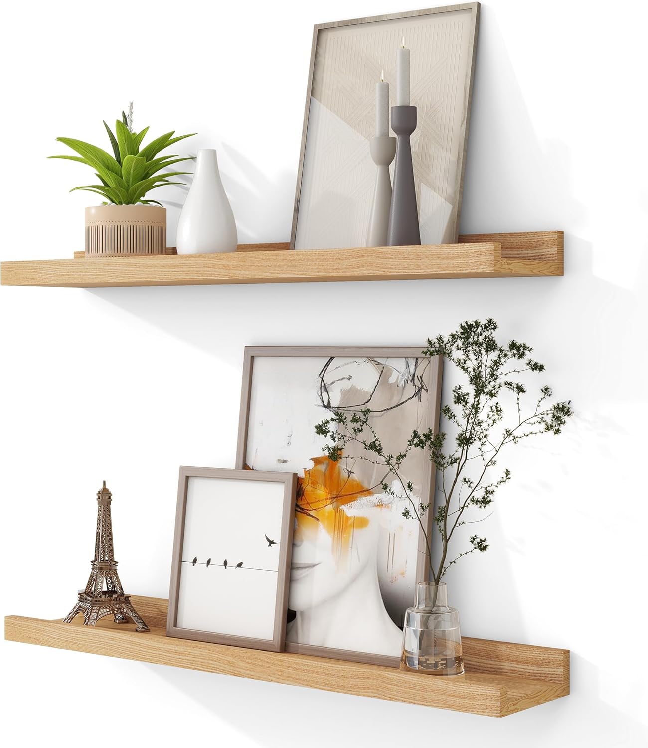 Solid Ash Wood Picture Ledge Shelf, 24 Inch Wood Floating Shelves with Lip Set of 2, Photo Ledge Shelf Nursery Bookshelf Wall Mounted for Living Room Bedroom Decor, Natural