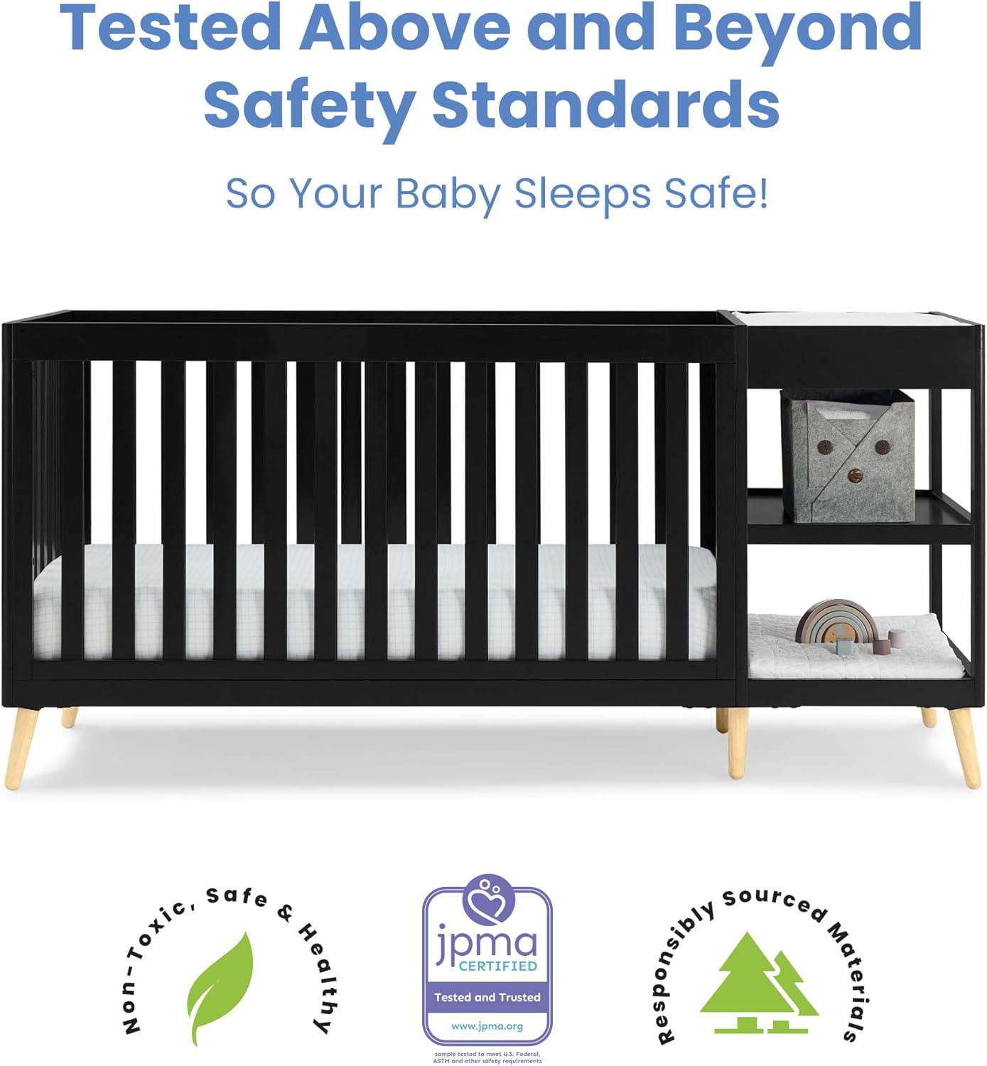 Delta Children Essex 4-in-1 Convertible Crib and Changer, Black Ebony w/Natural Knobs