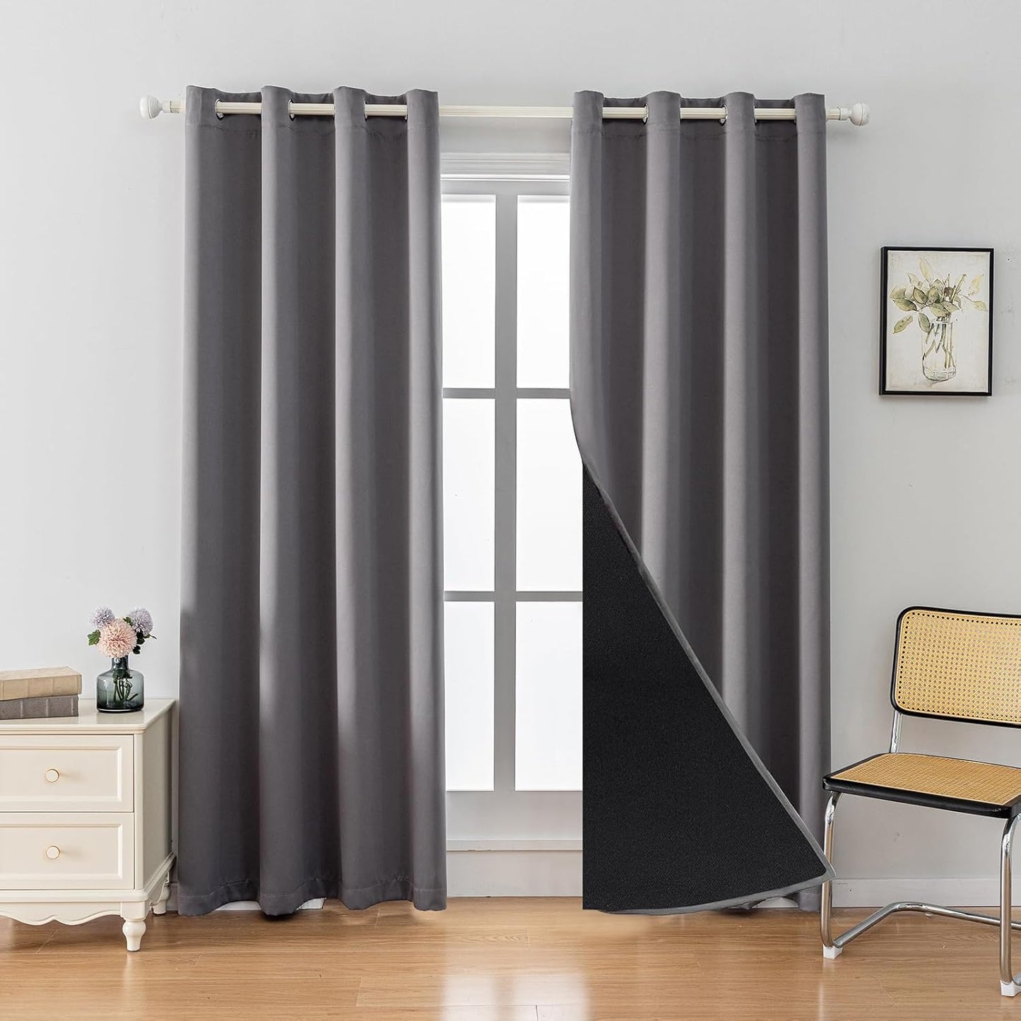 Anytime 100% Blackout Curtain Set, Thermal Insulated & Energy Efficiency Window Draperies for Guest Room, Full Shading Panels for Shift Worker and Light Sleepers（Grey, 2 Panels, 52W x 72L）