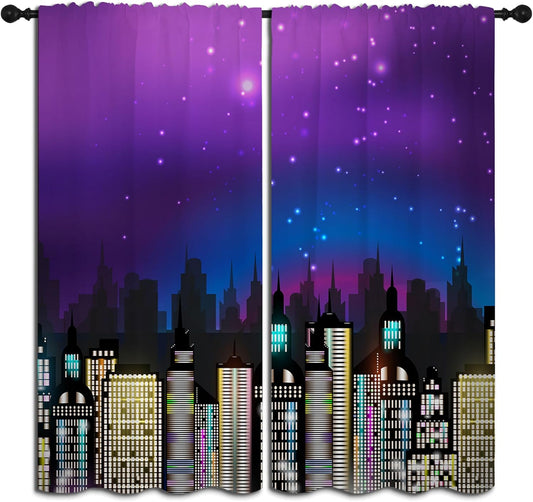 Superhero Rod Pocket Blackout Curtains for Boy Girl Bedroom, Super City Skyline Buildings Night Panorama Home Energy Efficient Light Filtering Window Curtain for Living Room, 63x63 inch