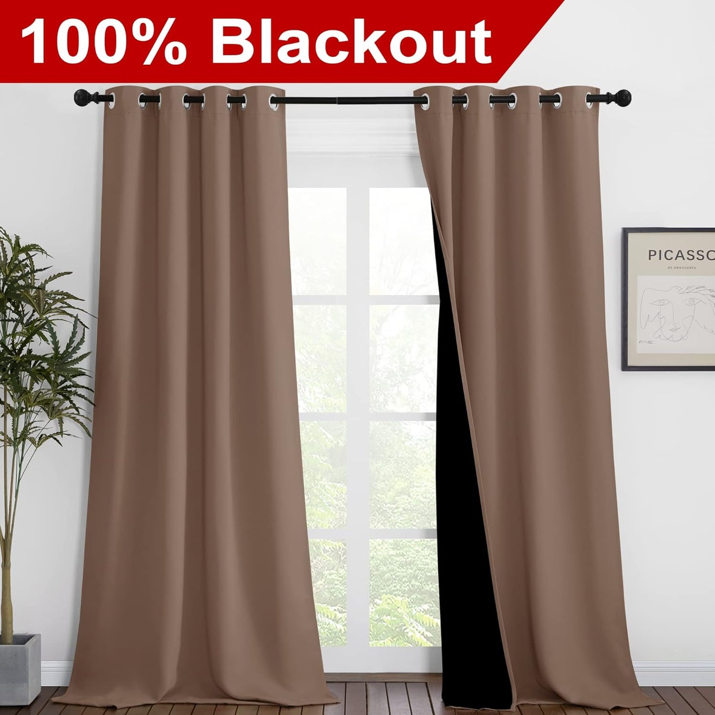 NICETOWN Room Warming Complete Blackout Shades for Large Window Door, 100% Blackout Window Curtain Panels with Black Lined, 46 inches Width Each Panel, 90 inches Length, Cappuccino, Double Pieces