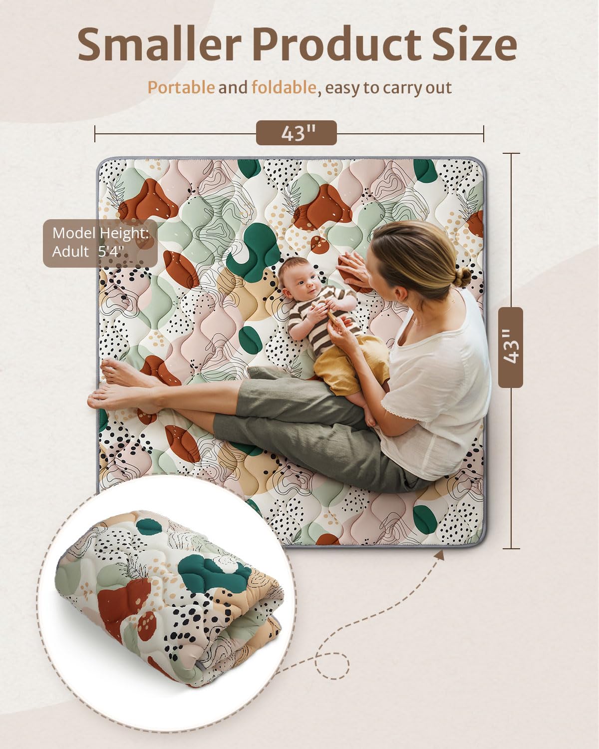 Blissful Diary Portable Baby Play Mats for Floor, Thicker Cushioned Foldable Baby Crawling Mat for Indoor Outdoor, Modern Abstract 43" X 43"