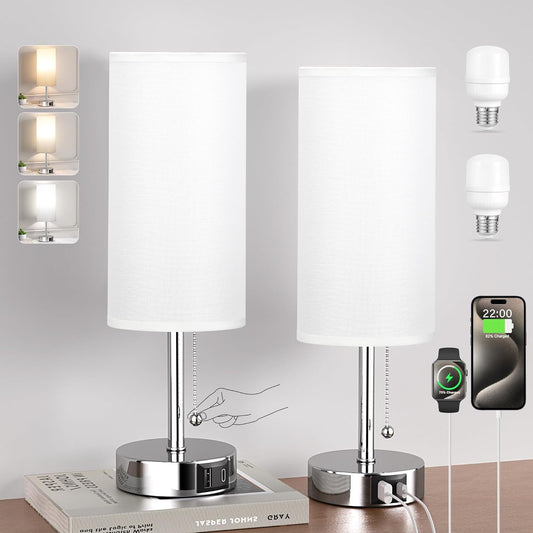 White Bedside Lamps for Bedroom Set of 2 - Nightstand Lamp with USB Charging Port, 3 Color Temperatures, Silver Base Night Stand Light, Side Table Desk Reading Lamp Dorm Room