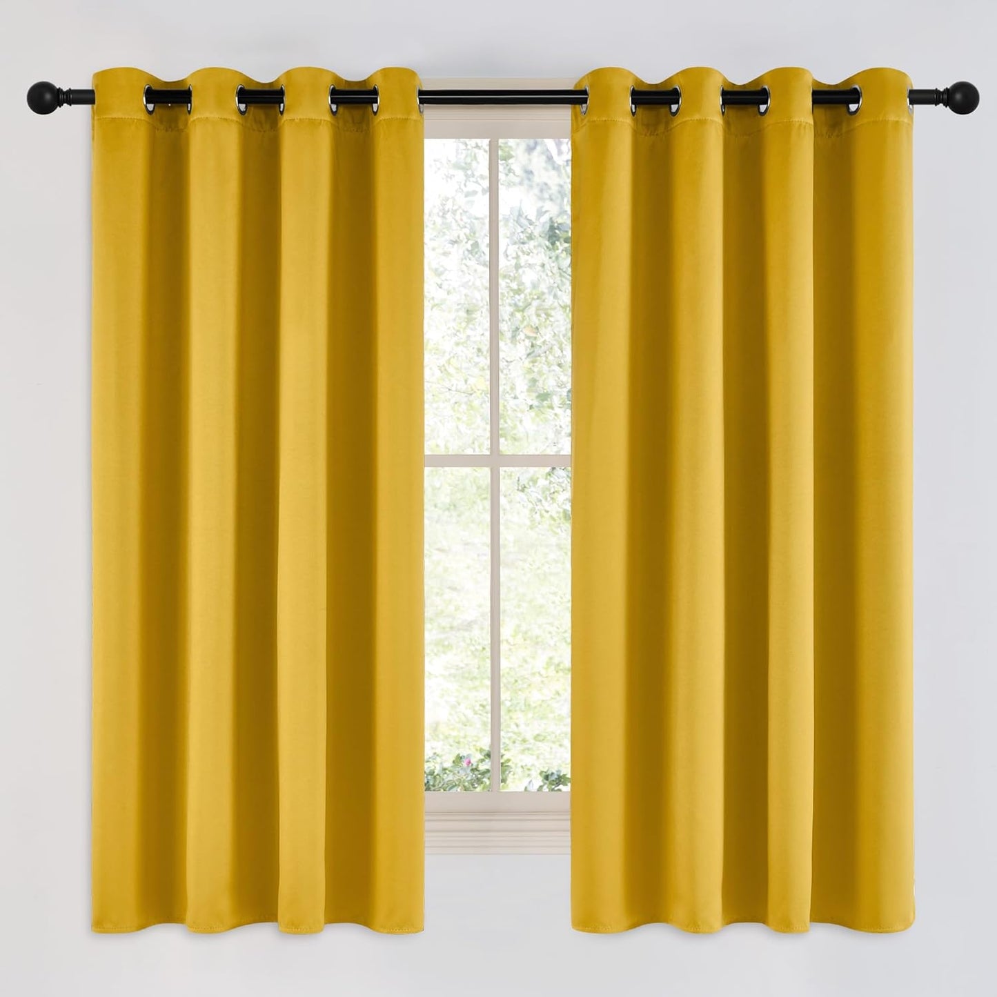 NICETOWN Room Darkening Gold Curtains 63 inch Length 2 Panels - Grommet Top Sound Reduction Privacy Faux Silk Satin Thermal Drapes for Bedroom/Living Room, W52 x L63