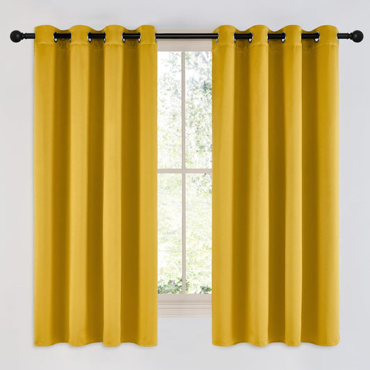 NICETOWN Room Darkening Gold Curtains 63 inch Length 2 Panels - Grommet Top Sound Reduction Privacy Faux Silk Satin Thermal Drapes for Bedroom/Living Room, W52 x L63