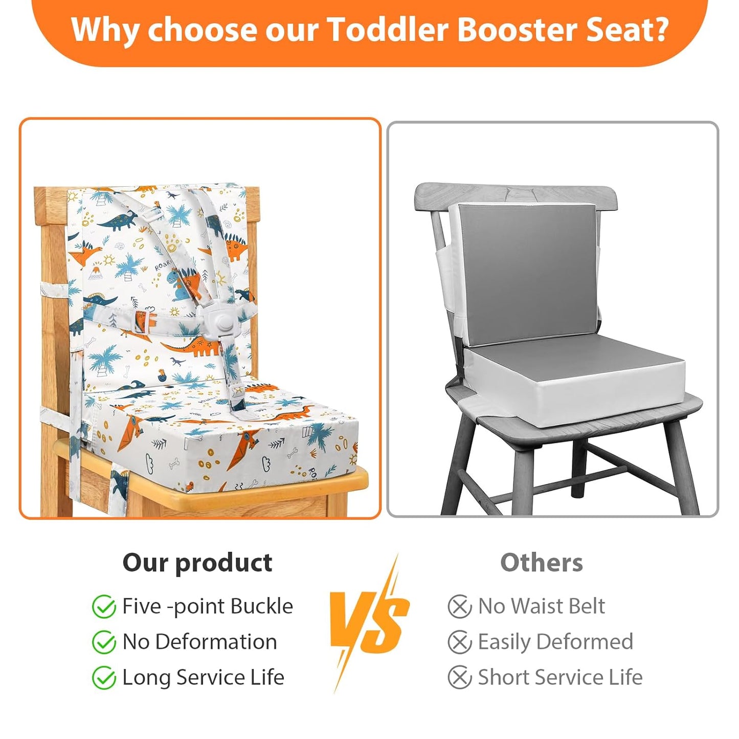 Toddler Booster Seat for Dining Table, Adjustable 5 Point Safety Buckle Kids Toddler Booster Seat with Backrest, Waterproof Non-Slip Bottom Portable Travel Increasing Cushion for Chair (White)