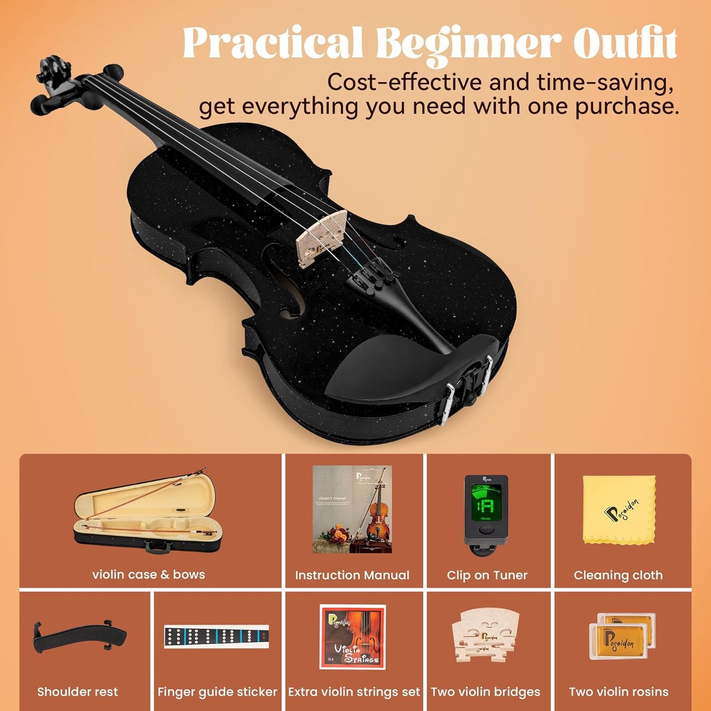 Poseidon 1/4 Violin for Beginner Fiddle Kit, Violin 1/4 Size for Student Stringed Musical Instrument w/Case, Two Strings Set, Two Bows, Two Bridges, Two Rosins, Clip-on Tuner, Manual - Glossy Black