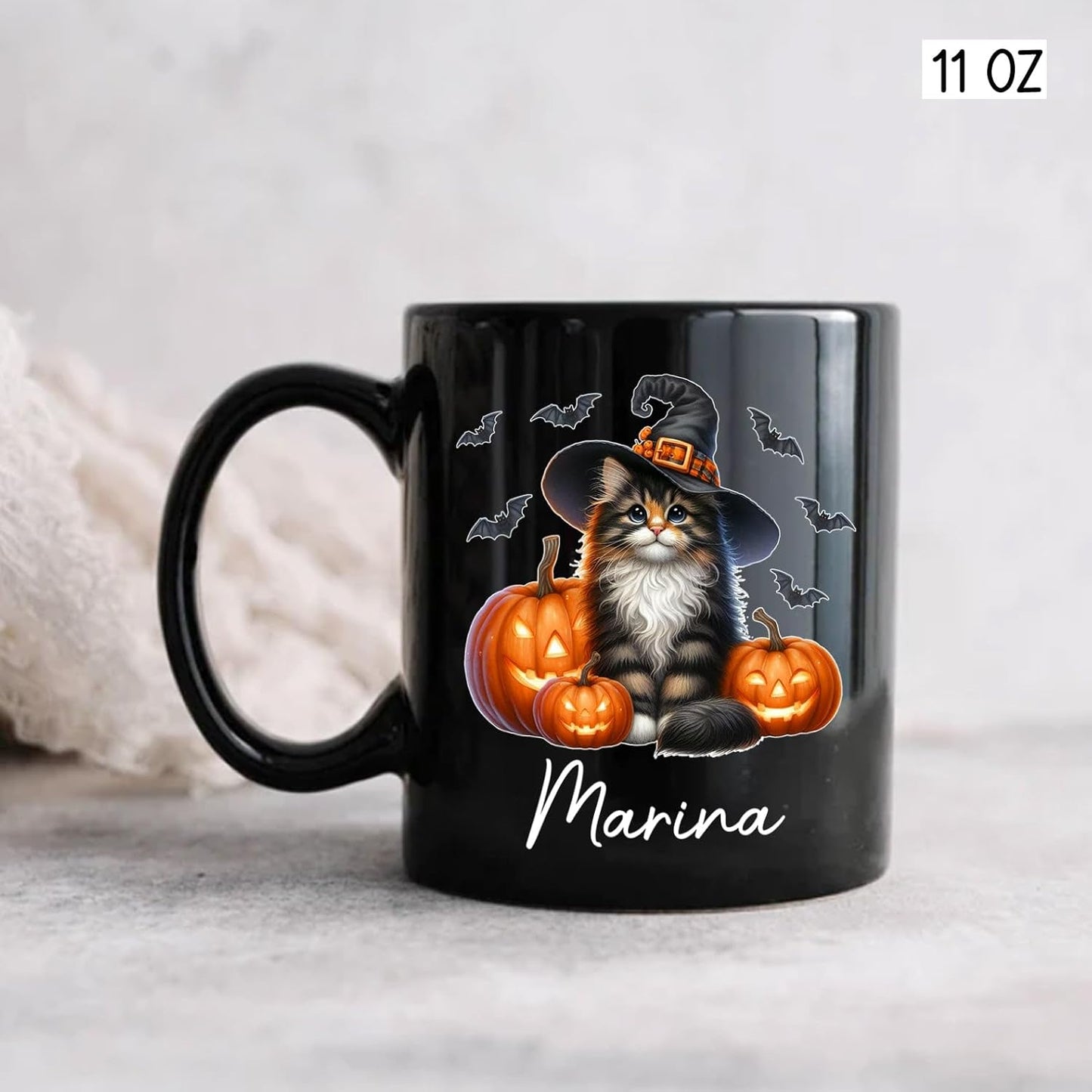 Personalized Name Norwegian Forest Halloween Coffee Mug, Custom Norwegian Forest Witch Hat Ceramic Cup, Cat with Pumpkins Mug 11oz 15oz, Halloween Cat Black Cup Gift for Boy Girl Pet Owner