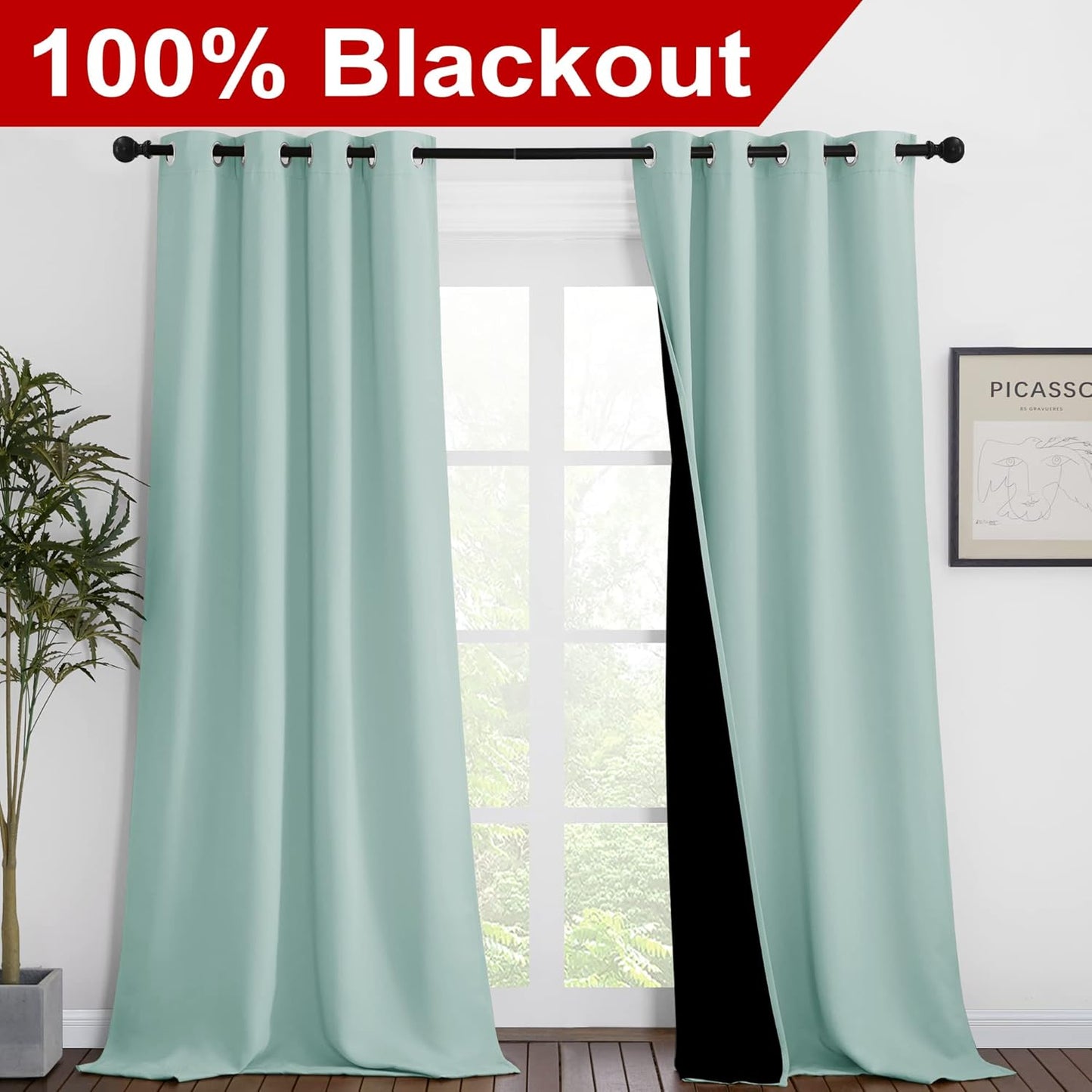 NICETOWN Aqua Blue Blackout Curtains 90 inches Long, Full Light Blocking Drapes with Black Liner for Nursery, Thermal Insulated Draperies for Hall, Villa (2 Pieces, 46" Wide Each Panel)