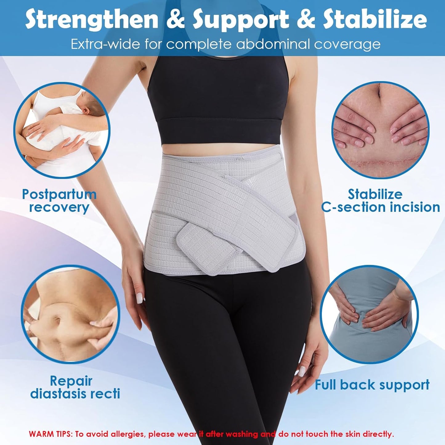 Paskyee Postpartum Belly Band, Abdominal Binder Post Surgery Belly Wrap, C Section Recovery Must Haves, Girdle for Postnatal Care, Waist/Pelvis Belt for Back Pain Relief Grey L/XL