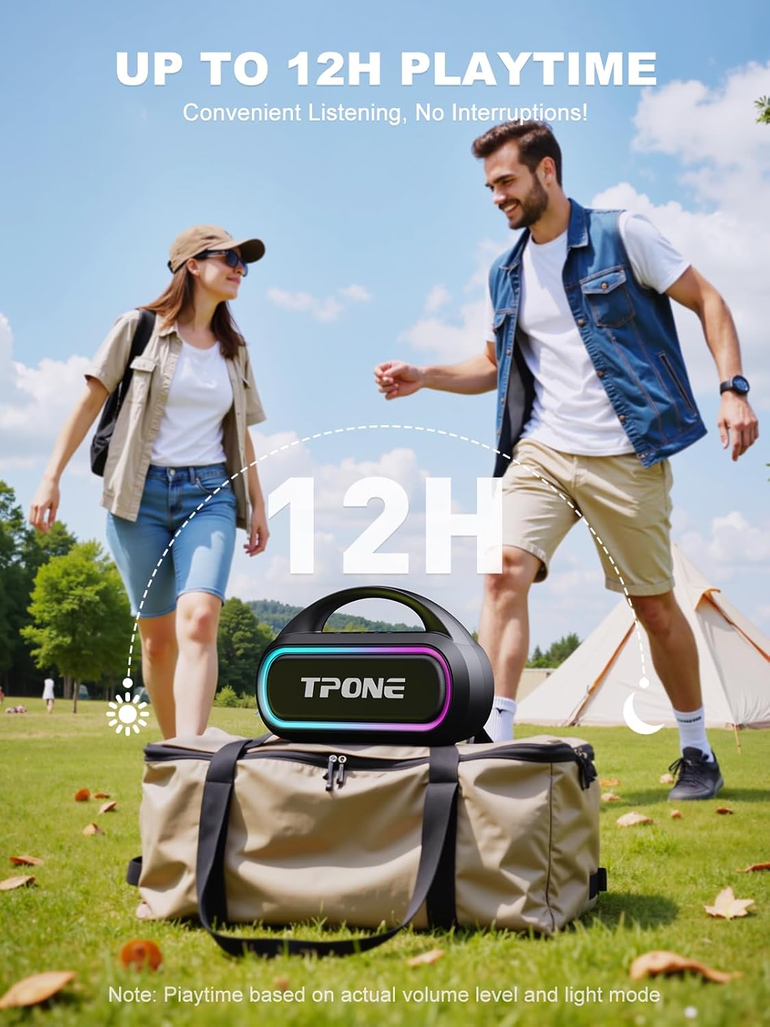 TPone Portable Bluetooth Speaker, 30W Peak, 12H Playtime, IPX5 Waterproof with Light, TWS Pairing, Wireless Speaker for Home/Party/Outdoor/Beach, Birthday Gift (Black)