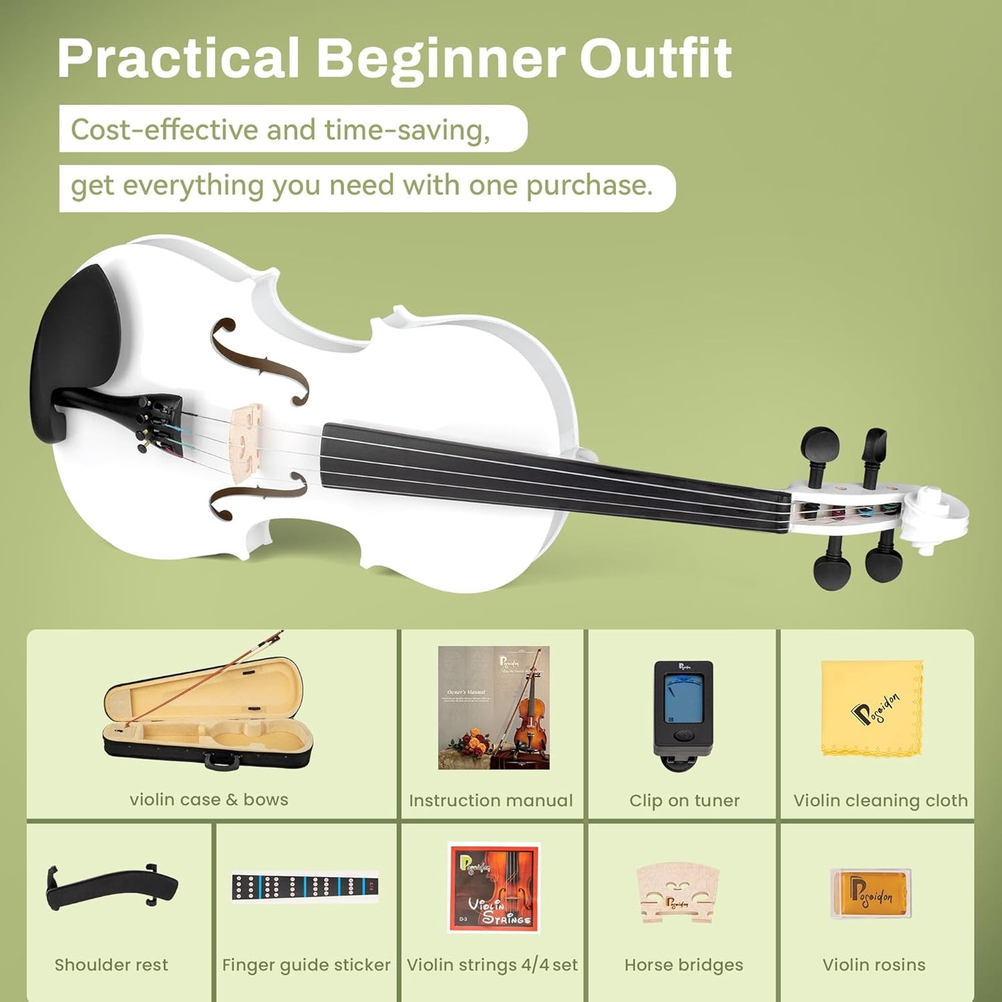 Poseidon Violin for Beginner, Glossy White Violin Set with Acoustic Violin Fiddle for Students Violin Starter Kit/Hard Case, Bow, Rosin, Horse Bridge, Extra Strings, Shoulder Rest, Tuner, Manual