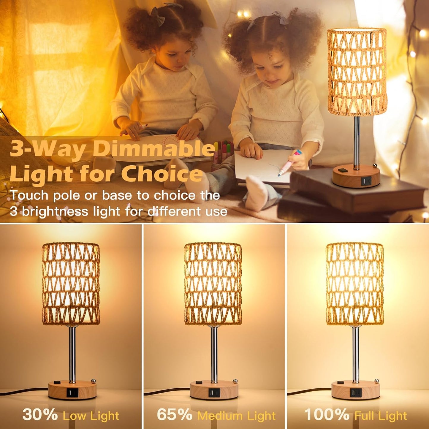 Rattan Table Lamps for Living Room, 3 Way Dimmable Touch Lamps, Small Bedside Lamps with LED Bulbs, Phone Stand, USB Ports and AC Outlet, Boho Nightstand Lamp for Bedroom Office (2 Pack Faux Wood)