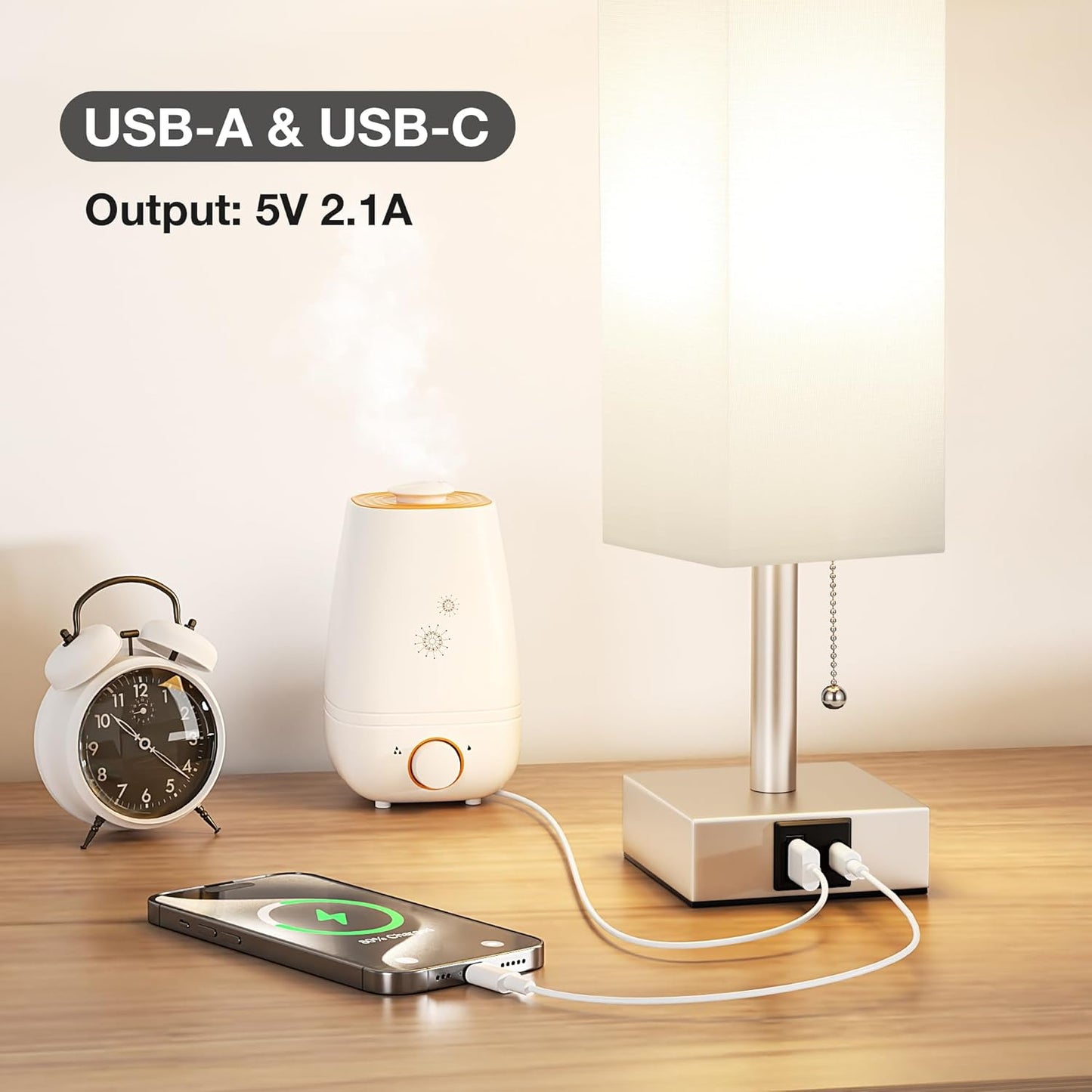 aooshine White Small Table Lamp for Bedroom - 3 Color Temperature 3000K 5000K 4000K Bedside Lamp, Pull Chain Control, USB A and C Ports, Light Gold Base, Bulb Included