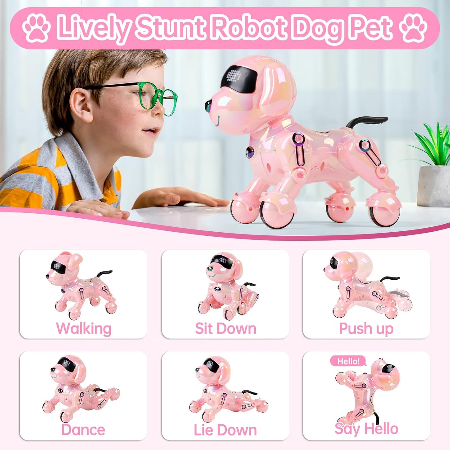 Dwi Dowellin Robot Dog for Kids 8-12,Remote Control Smart Robotic Dogs Pet Puppy Robotic Toy,Interactive Touch Walking Talking Toys for Boys Girls Christmas Birthday Gifts(Pink)