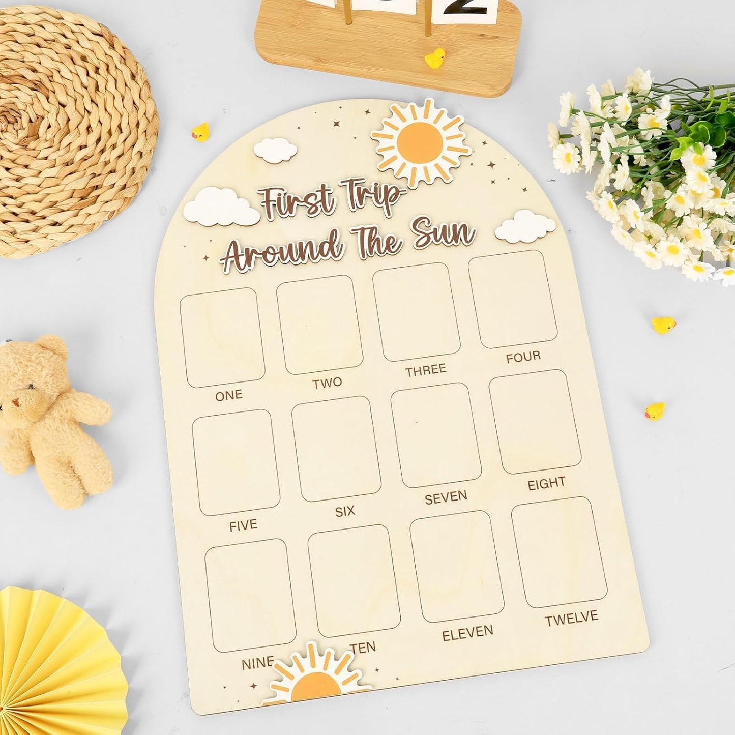 First Trip Around the Sun Photo Board Sunshine Birthday Party Wooden Board Decors 12 Monthly Milestone Picture Frame One Year Old Wood Sign 1st Birthday Photo Banner for Baby Keepsake Gift Supply