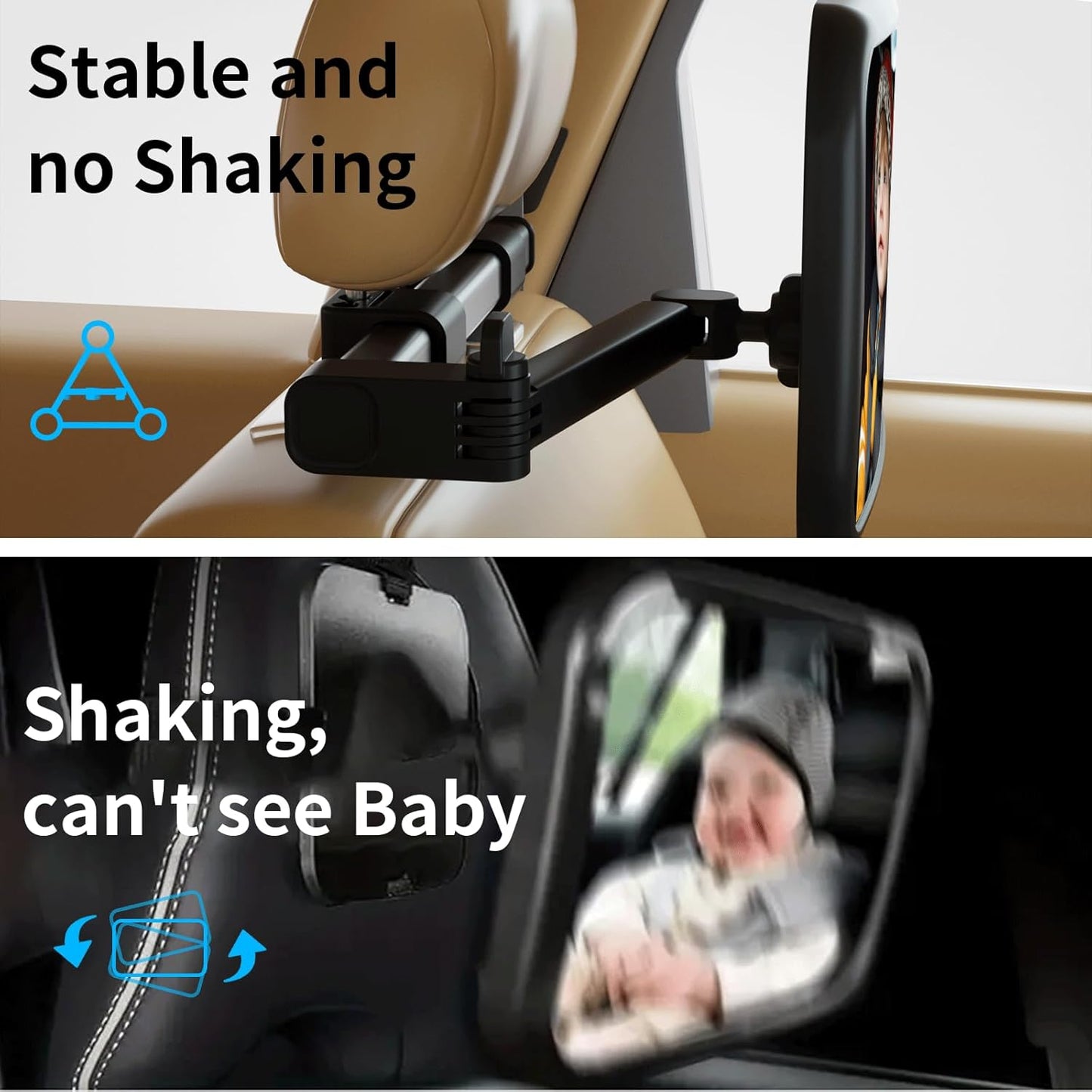 Baby Car Mirror Rear Facing, Safety Adjustable Car Seat Mirror for Baby Extendable Camera Monitor with Hook Clip Design Clear View ShatterProof + 2 Baby on Board Stickers,2 Seat Headrest Hook