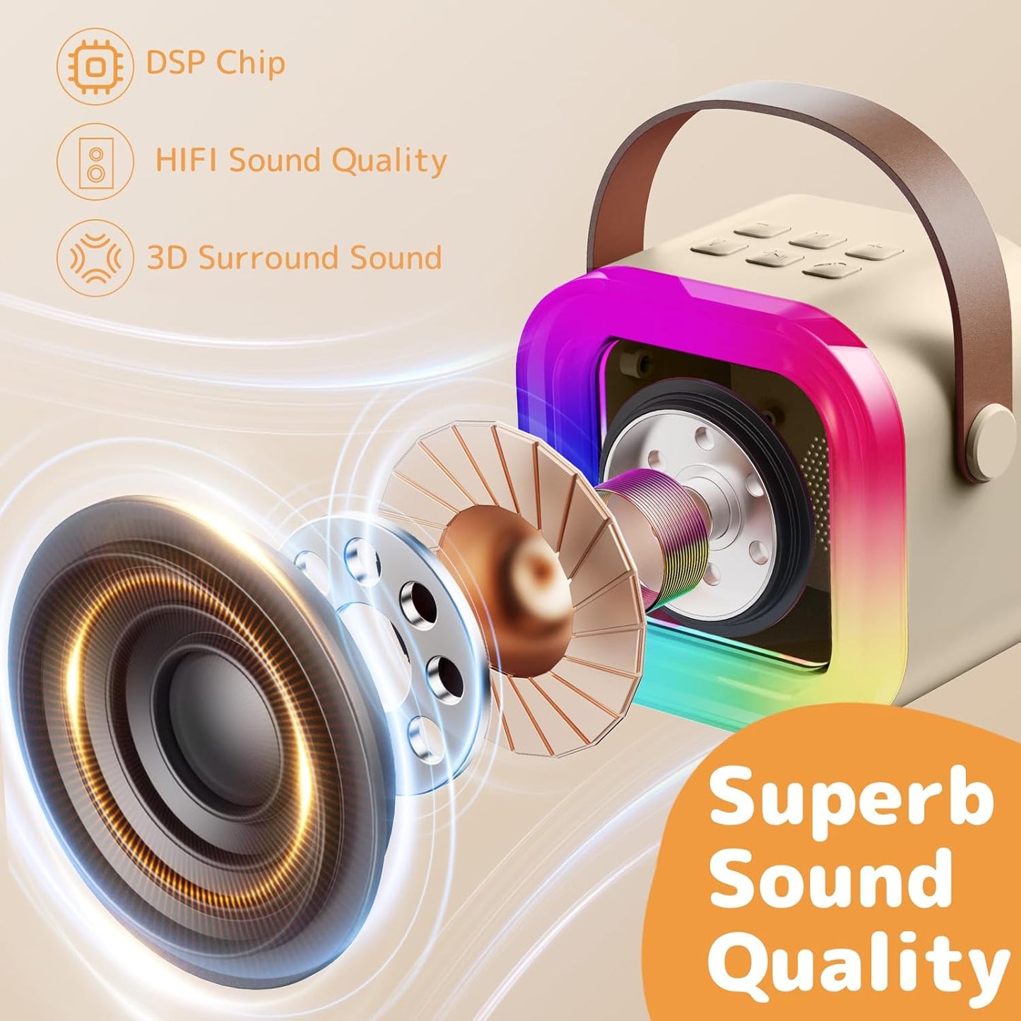 Fede Karaoke Machine for Kids Adults, Mini Karaoke Machine with 2 Wireless Microphones, Portable Bluetooth Speaker with Voice Changing Effects & LED Lights, Best Gifts Toys for Girls and Boys