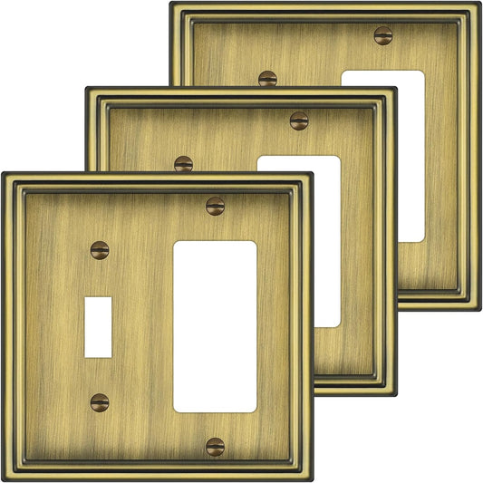 Combination Metal Light Switch Covers Wall Plate, 1 Toggle/1 Decorator Switch Plate Outlet Covers Antique Brass Decorative 2 Gang Wall Plate - Classic Style, 3 Pack