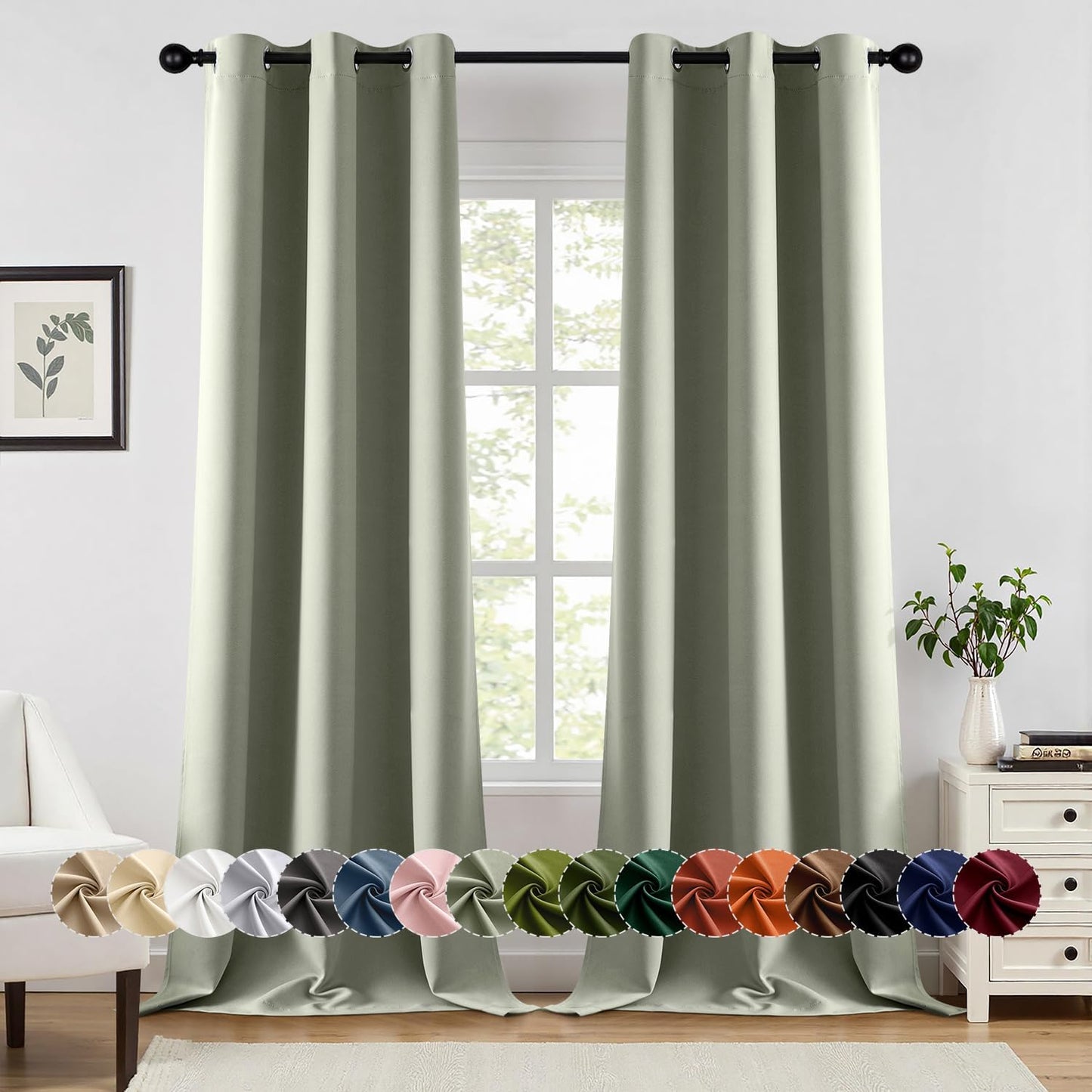 MIULEE Sage Green Blackout Curtains for Bedroom Living Room 90 Inches Long 2 Panels, Thermal Insulated Room Darkening Drapes Solid Grommet Top Noise Reducing Light Green Window Treatments 40x90 Inch
