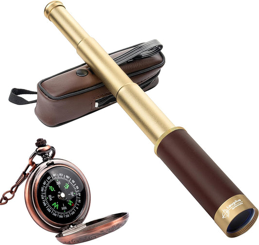 Retro Pirate Telescope 25x30 Spyglass Portable Collapsible Handheld Telescope Zoom Vintage Monocular Classical Collection Compass for Camping Hunting Boating Gift
