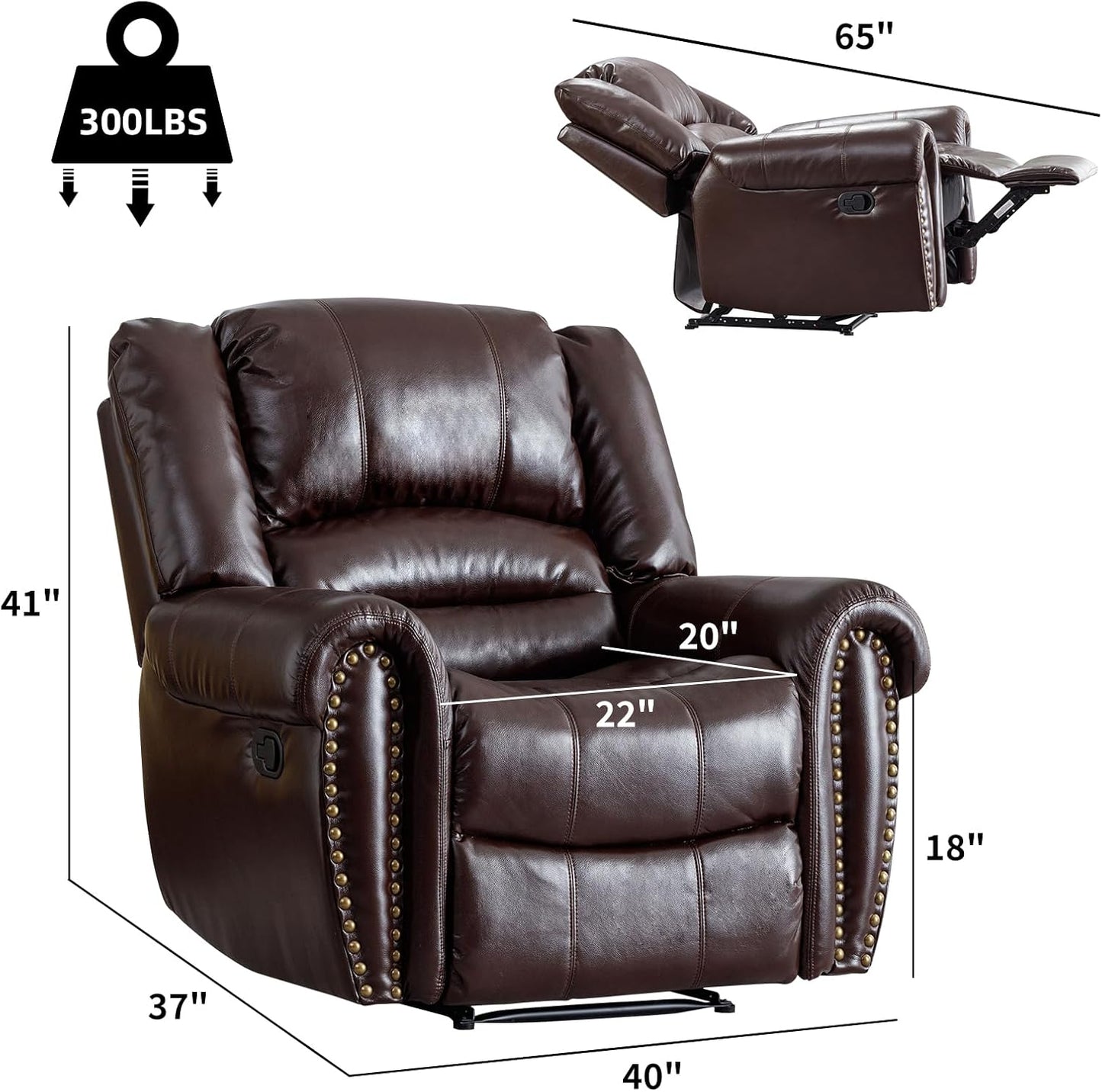 CANMOV Leather Recliner Chair, Classic and Traditional Manual Recliner Chair with Comfortable Arms and Back Single Sofa for Living Room, Brown