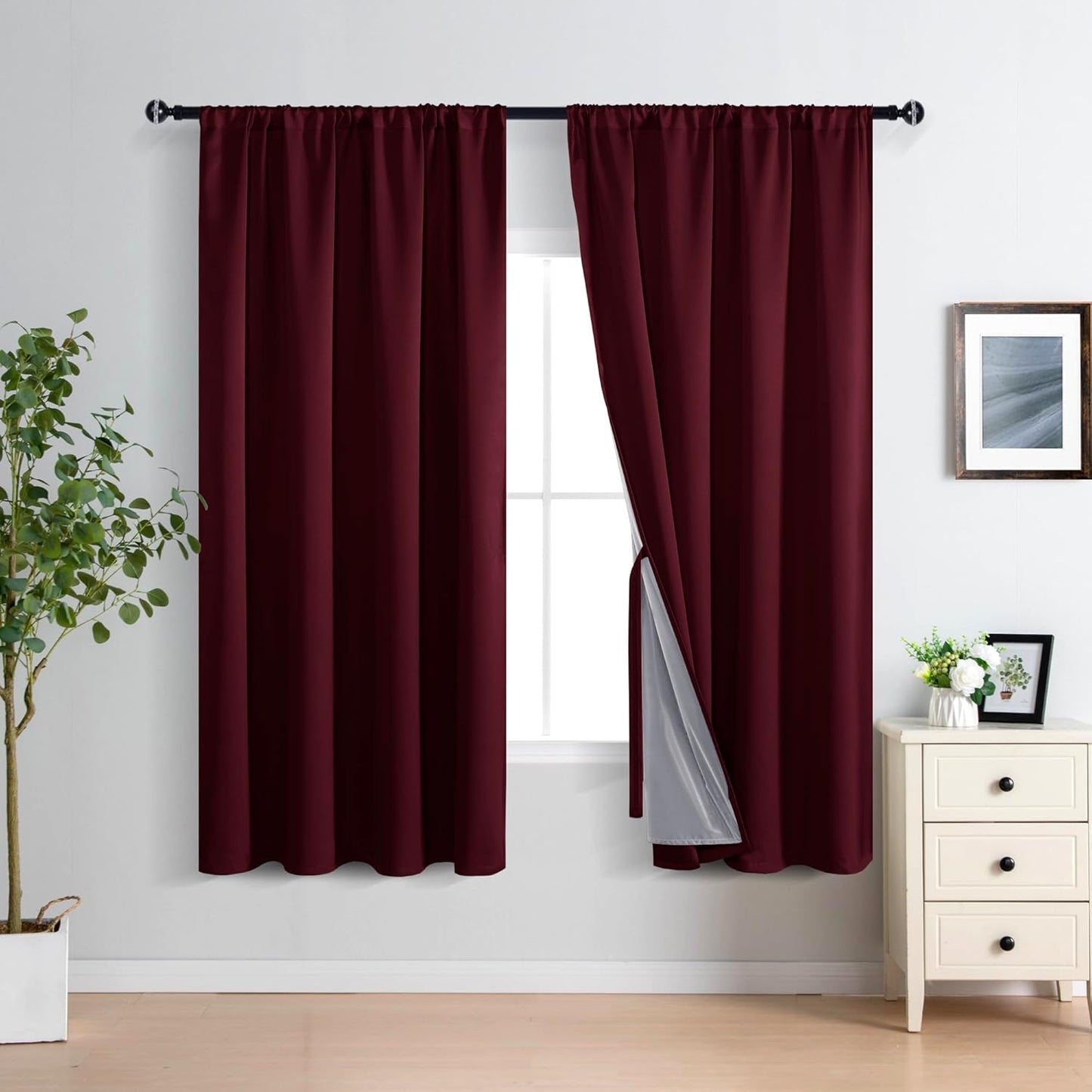 XWZO Full Shading Blackout Curtains 63 Inches Length - Heat and Light Blocking Rod Pocket Window Drapes with Black Liner Backing for Bedroom Sewn with Tiebacks, Burgundy, W52 x L63, Set of 2 Panels
