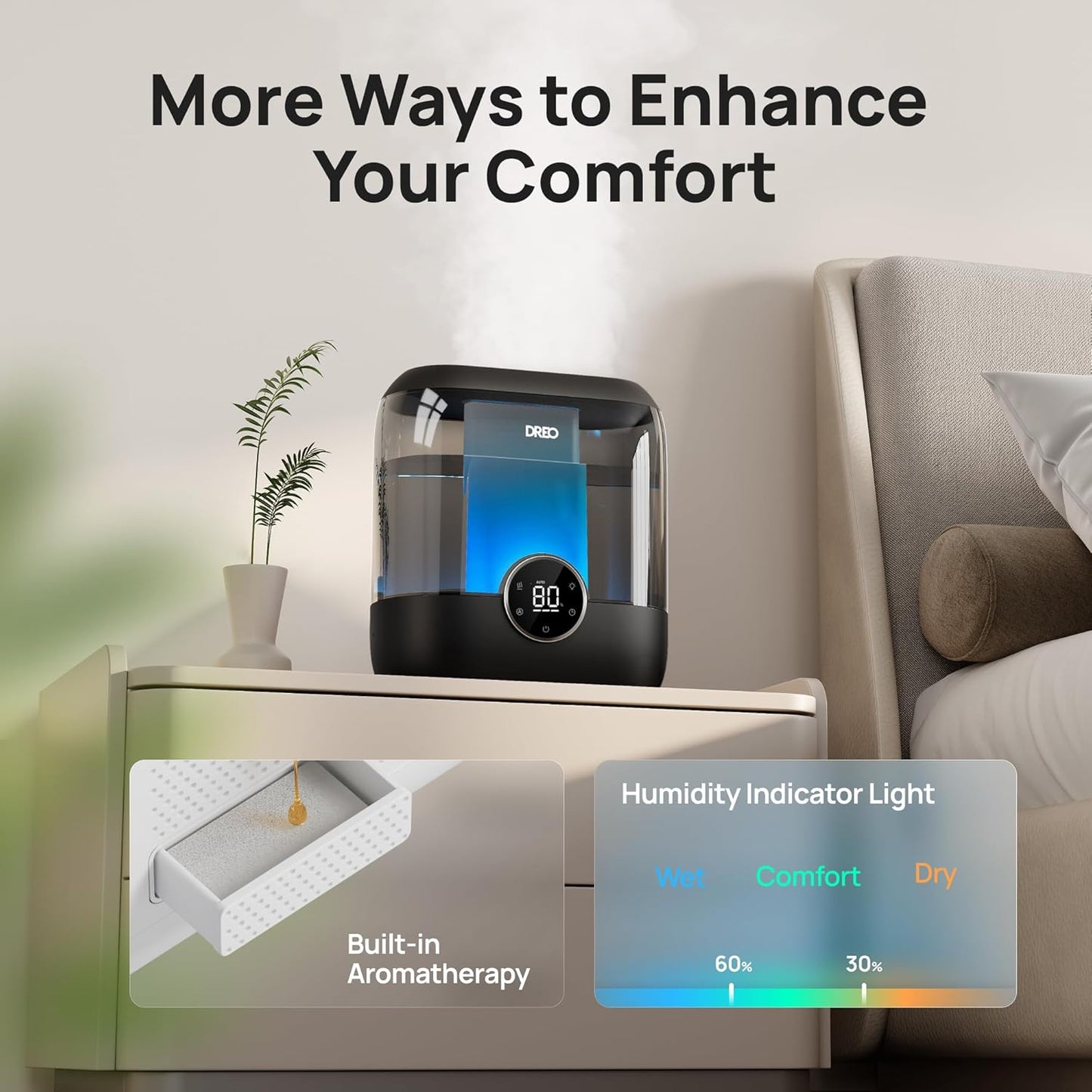 Dreo 6L Top Fill Humidifiers for Bedroom, 60H Runtime Supersized Cool Mist Humidifier for Large Room, 28 dB Quiet Baby Air Humidifiers for Nursery, Plants, Indoor, Night Light, LED Display, Ultrasonic