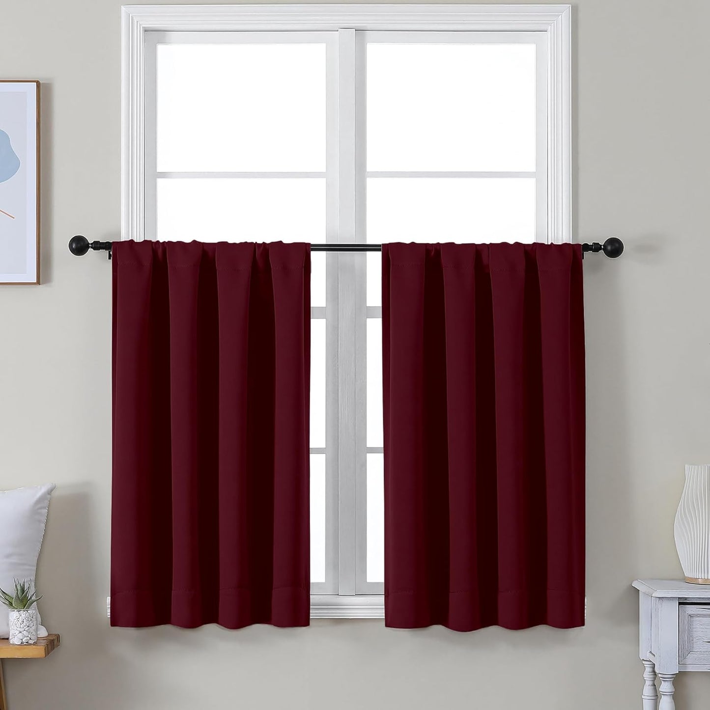 Simplebrand Ava Burgundy Short 36 Inches Blackout Curtain 2 Panels Set, Half Window Rod Pocket Privacy Curtain Tiers for Kitchen, Curtains Blackout for Bathroom Shades, W40 x L36 Inch, Burgundy