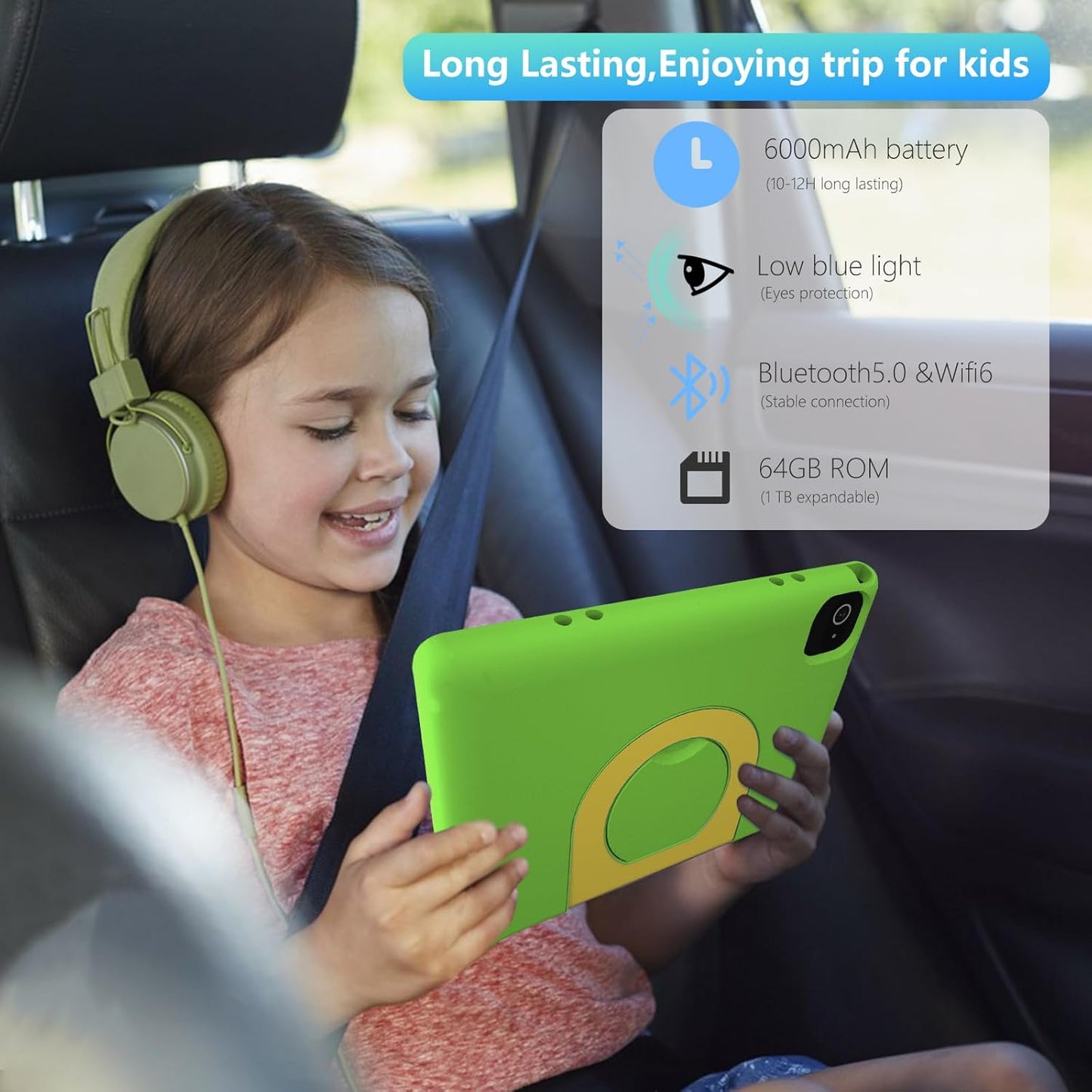 Tablet for Kids 10.1 inch Android 14, 8GB+64GB(TF 1TB) 6000mAh Kids Tablet WiFi6 Parental Control,Face Unlock, 1280 * 800 HD Screen - Green