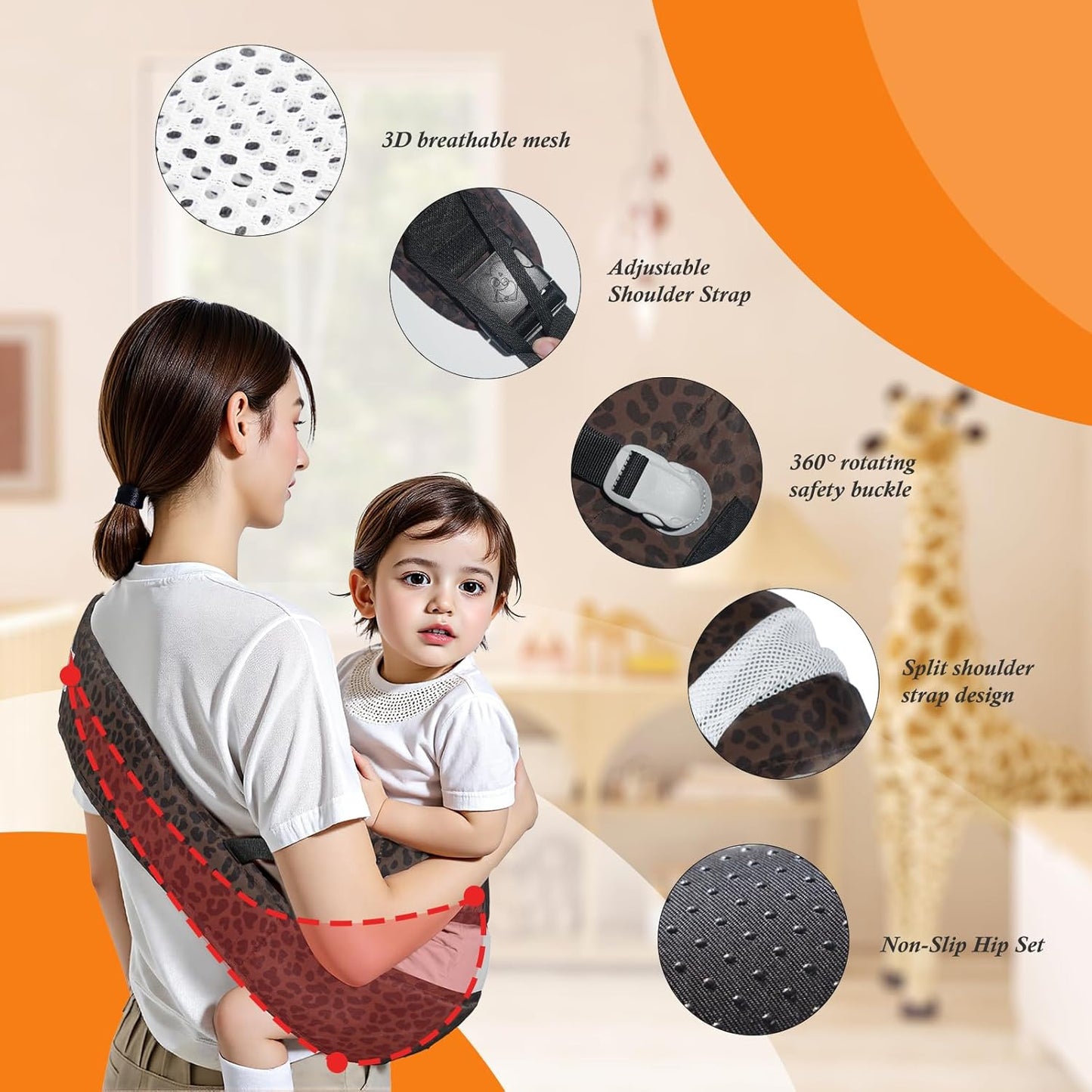 Baby Carrier Newborn to Toddler-Adjustable Baby Sling Carrier,Toddler Carrier for 25-60lbs,Comfortable Baby Sling for Hands-Free Carrying (Dark Brown Leopard Print)