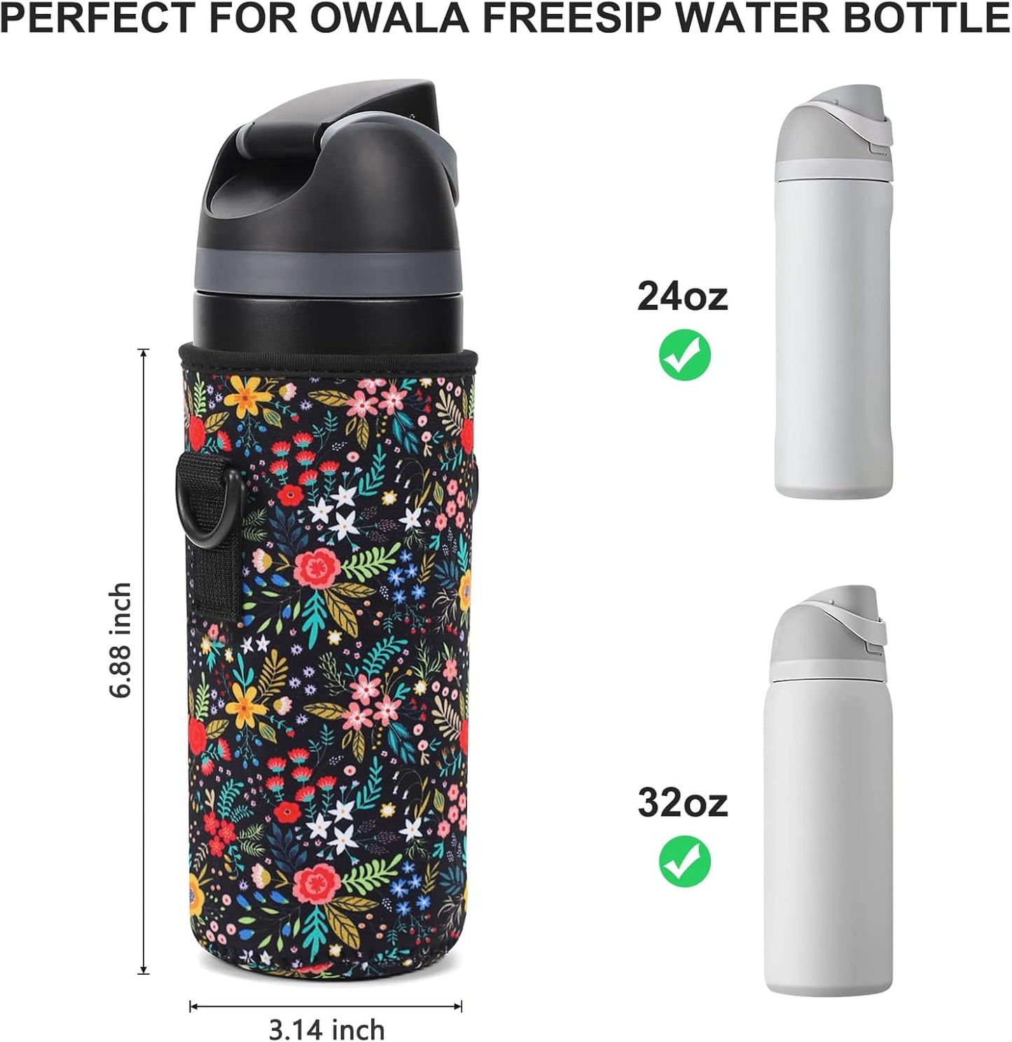 Neoprene Water Bottle Carrier Bag with Adjustable Shoulder Strap for Owala 24 OZ Tumbler, Insulated Water Bottle Cover for Owala FreeSip Insulated Water Bottle (Little Flower, 24 OZ)