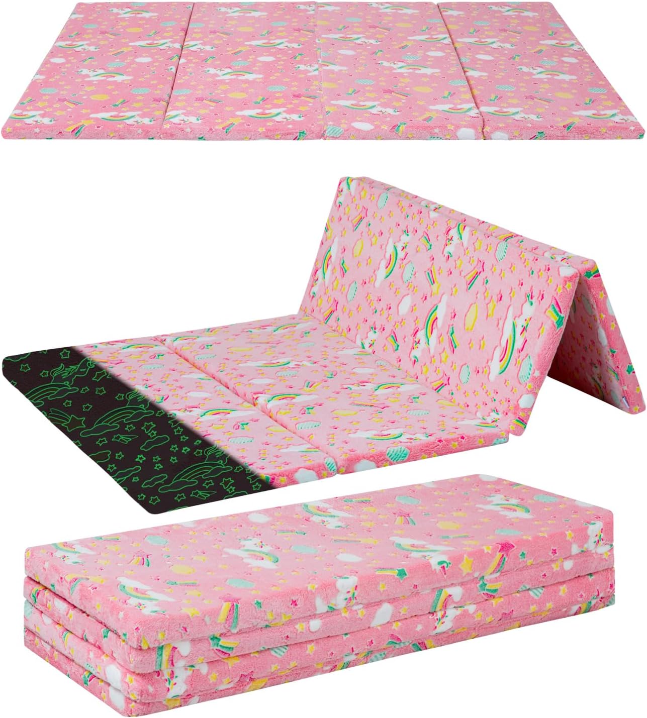 MeMoreCool Kids Floor Futon Mattress Large 6x4 FT, Thicken Foam Tatami Mattress for Children Play Area, Foldable Sleeping Pad Crawling Tatami Mat for Playroom, Pink Rainbow