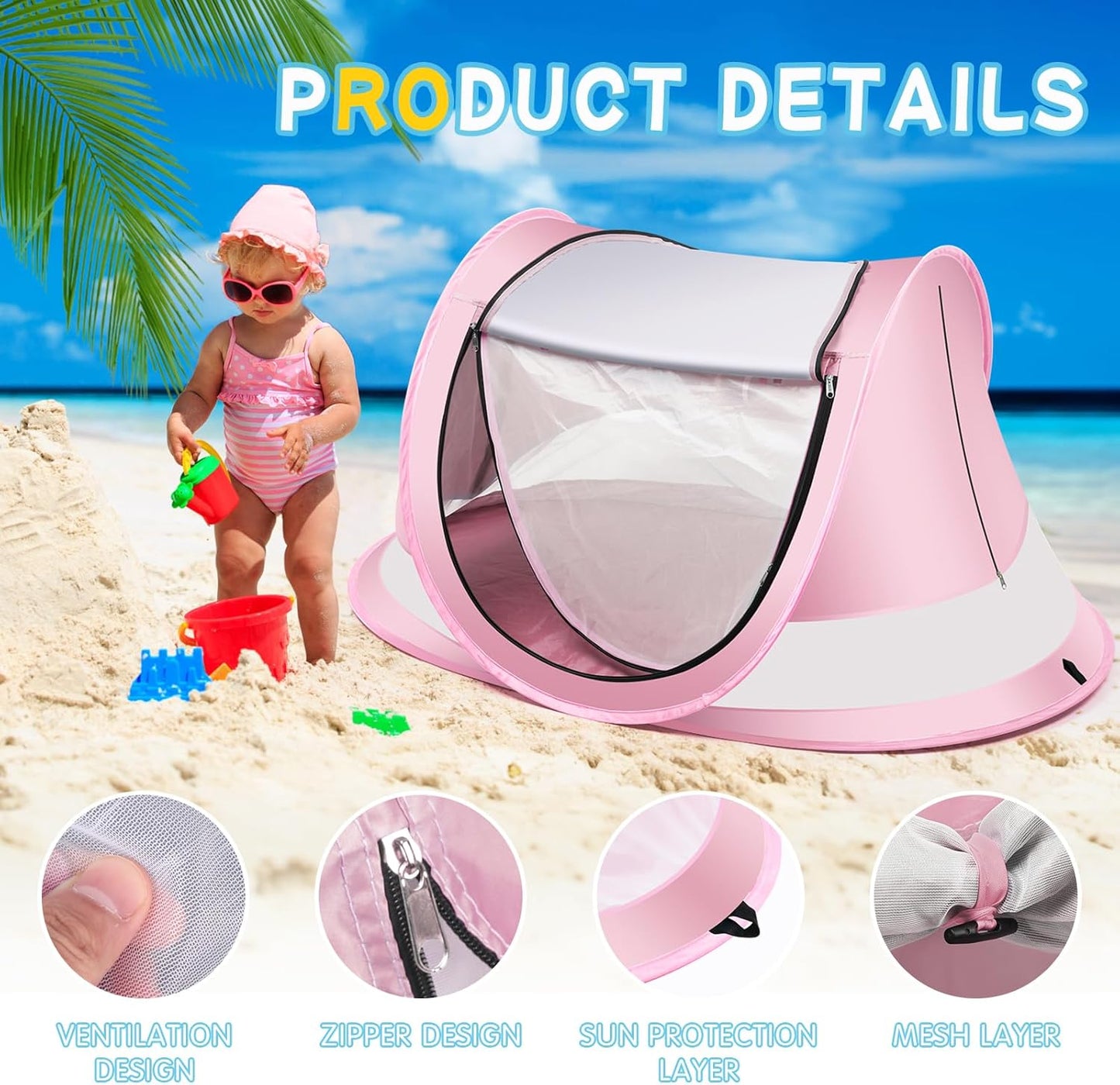 Baby Beach Tent,Large Pop Up Beach Tent Sun Shade for Beach,Portable Baby Travel Tent with Mosquito Net,Indoor Baby Play Tent,UPF 50+ UV Protection Sun Shelters for Infants