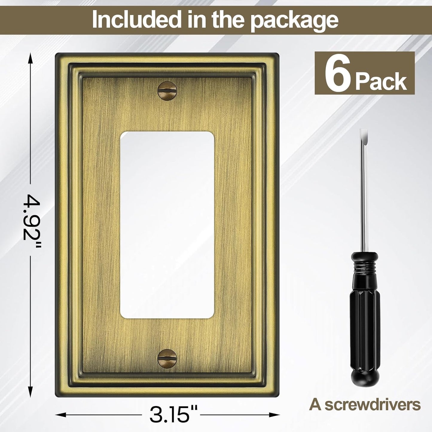 6 Pack Single Decorator Switch Covers Wall Plate, Antique Brass Decorative Rocker Switch Plates Outlet Covers for Receptacle, GFCI Outlet, Dimmer - Classic Style, 1 Gang Decorator