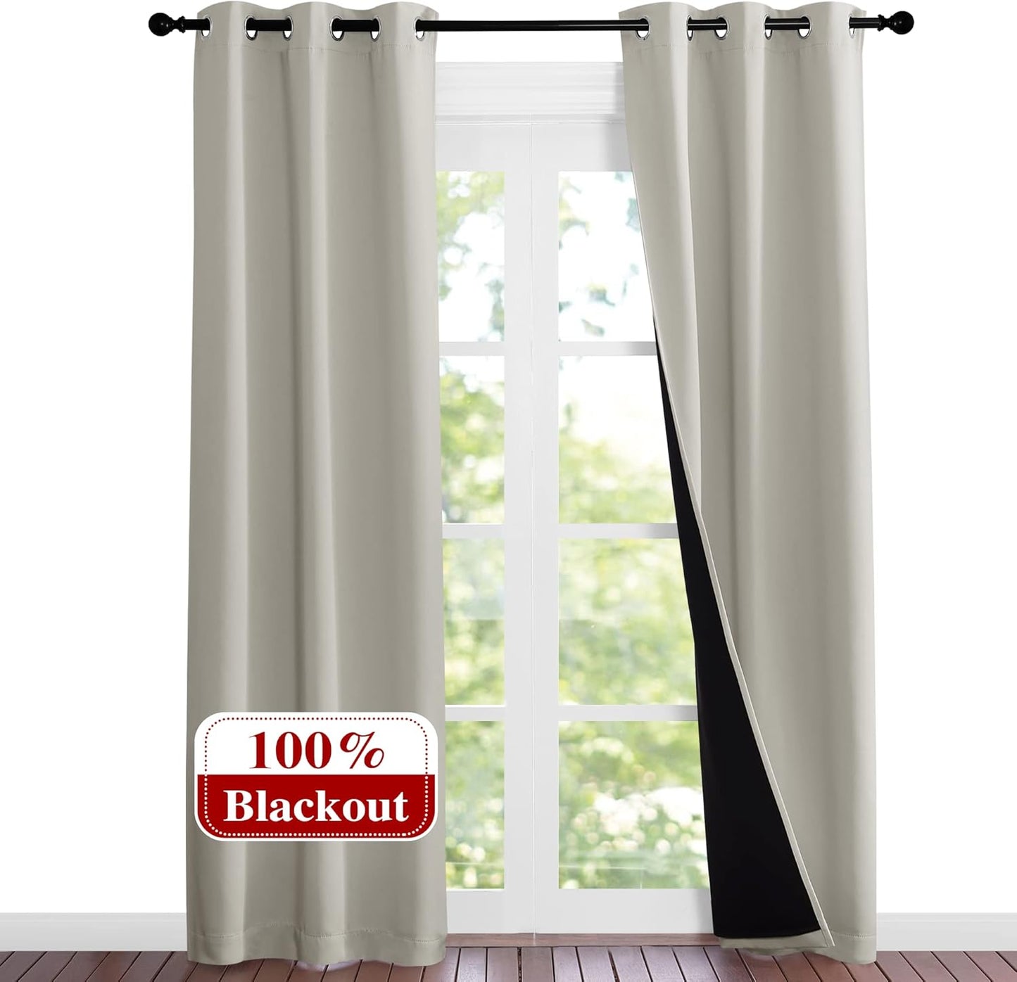 NICETOWN Natural Blackout Curtains 84 inches Long, Full Light Blocking Drapes with Black Liner, Noise Reducing Thermal Insulated Draperies for Doorway Nursery (2 Pieces, 37-inch Wide Each Panel)