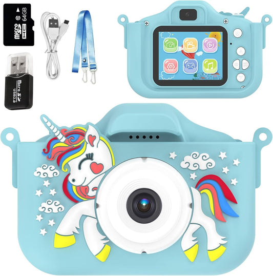 Kids Camera Toys,48MP Dual Lens with 64G SD Card and Cartoon Soft Cover for 3-8 Year Old Girls Boys (BlueDJS)