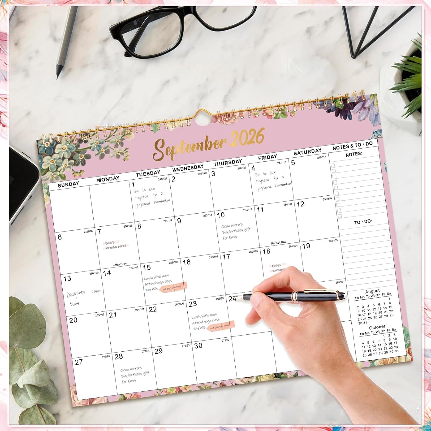 Wall Calendar 2025-2026, 18 Month Large Desk Calendar from July 2025 to December 2026 14.5" x 11.8" Monthly Calendar with Twin-Wire Binding for Home Office Planning Organisers, Flower Design
