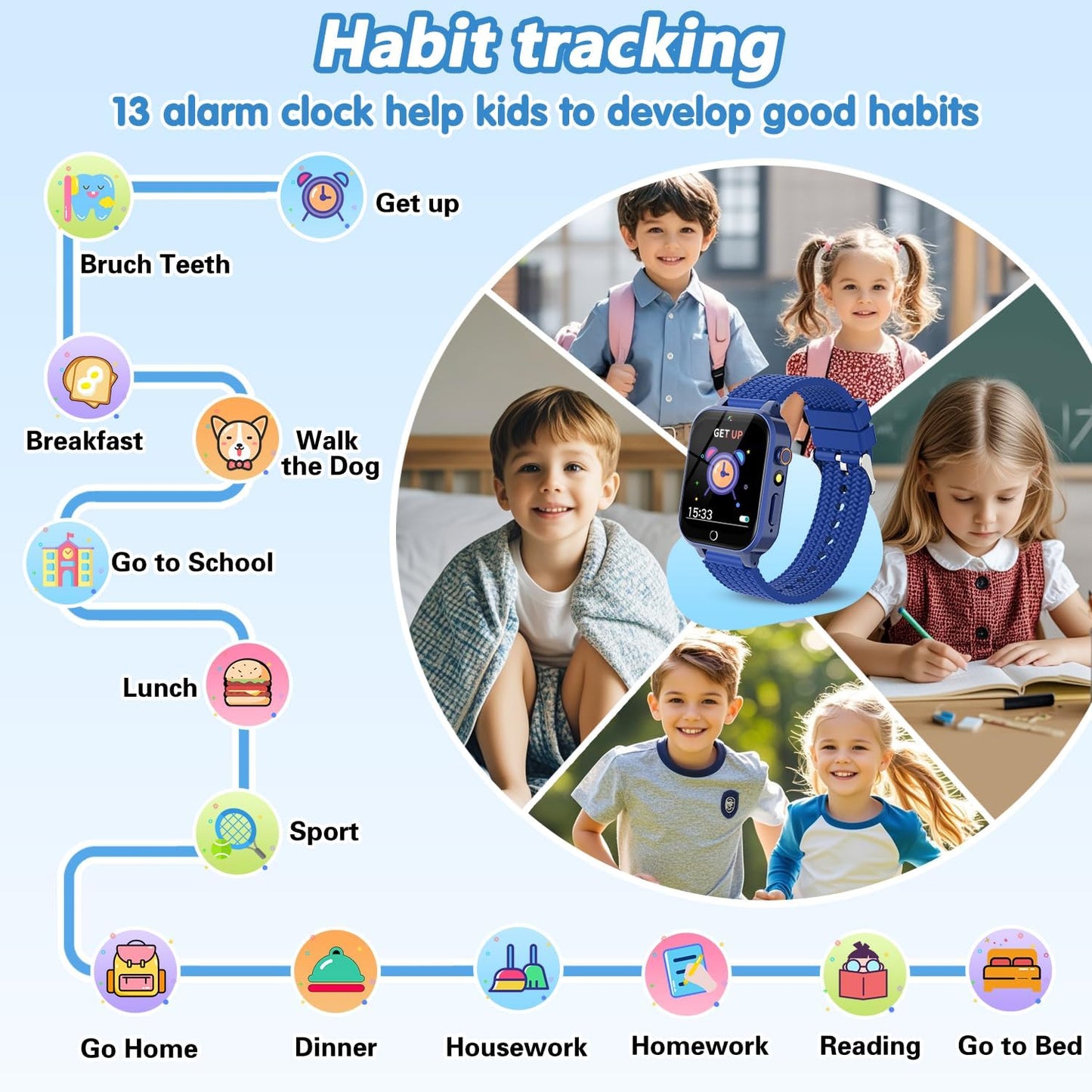 Smart Watch for Kids Boy Gift Ages 3-12, 2 Screen Protector, 26 Puzzle Games, HD Camera Video Music Player Touchscreen Pedometer, Educationtal Toy Brithday Gifts for Boy Ages 4 5 6 7 8 9 10(Blue)