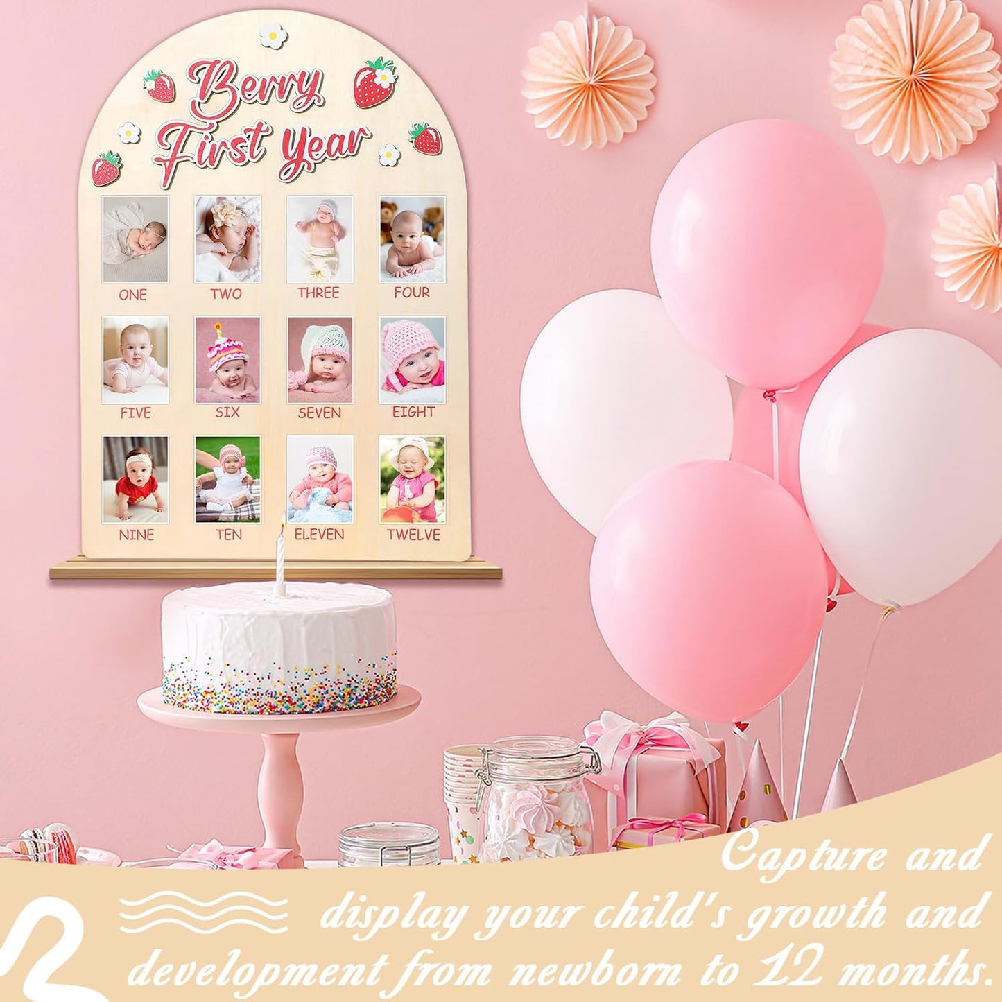 Berry First Year Photo Board Strawberry Birthday Party Wooden Board Decorations 12 Monthly Milestone Picture Frame One Year Old Wood Sign 1st Birthday Photo Banner for Baby Girls Keepsake Gift Supply