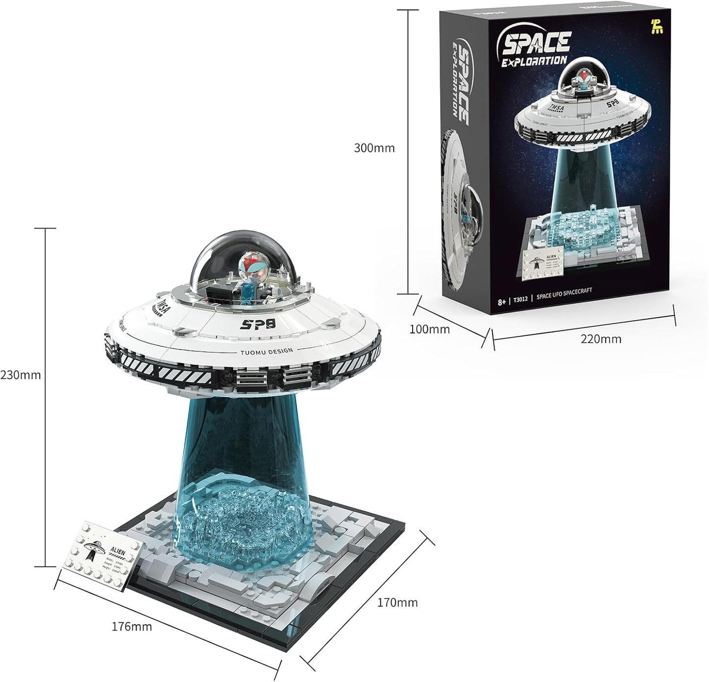 UFO Spaceship Building Block Set, Creative Milky UFO&Alien Building Set, Interstellar Spaceraft Brick Set, Dual LED Lights and Transparent Base, Model for UFO Lover Collection,Gifts for Ages 8+