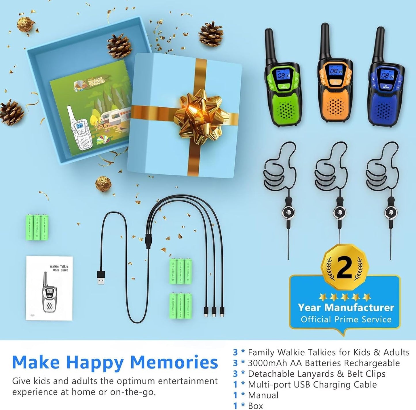 Walkie-Talkies for Kids Rechargeable Walkie Talkie for Adults Long Range FRS 2 Way Radio 3 Pack with Lanyard Battery 4 Miles NOAA USB, Family Toys for 3-12 Year Old Girls Boys Toddlers Camping