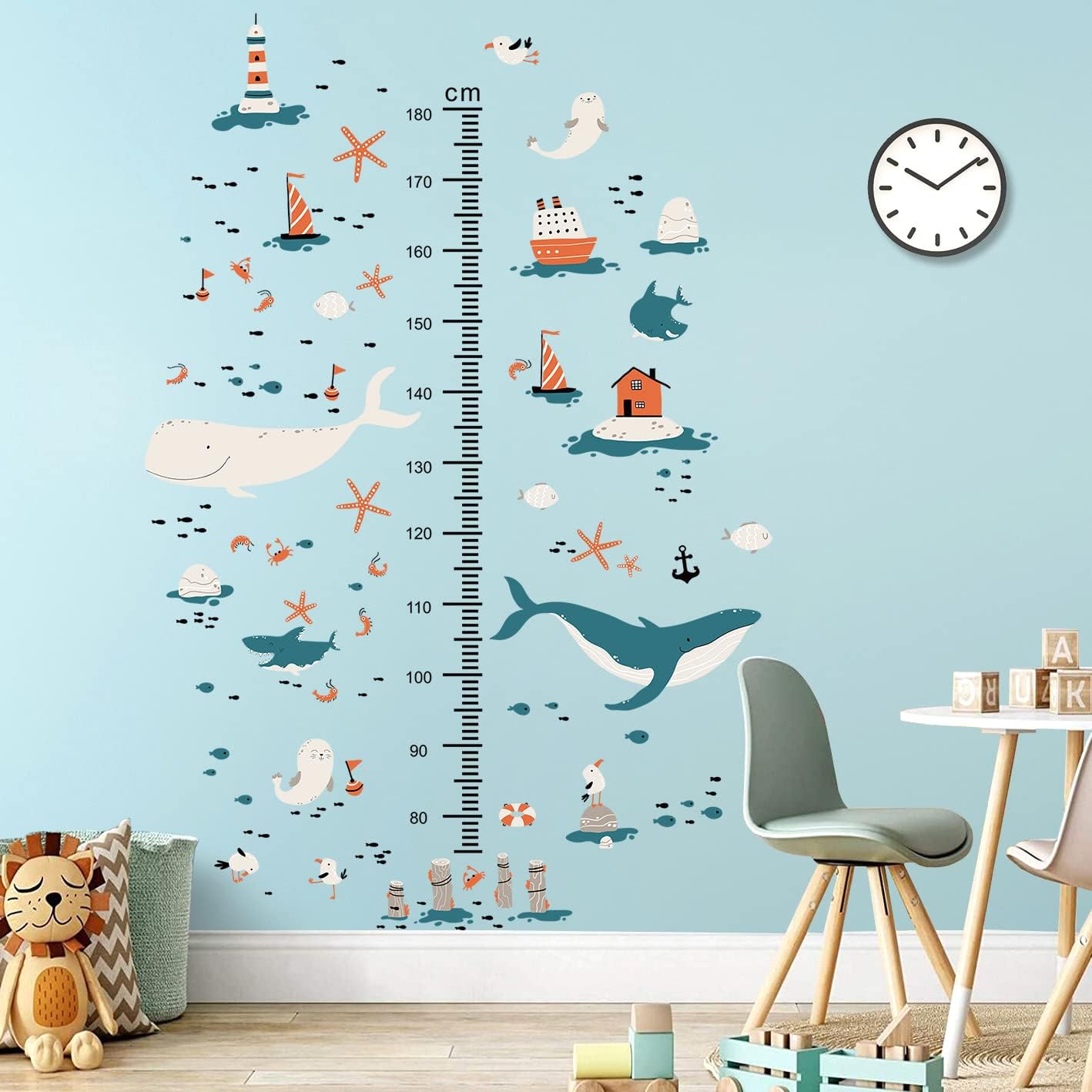 3D Cartoon Height Growth Chart for Kids Wall Decal Removable DIY Whale Ocean Animal Wall Decal Peel and Stick Sailing House Art Decor for Kids Nursery Bedroom Living Room Bathroom Decor