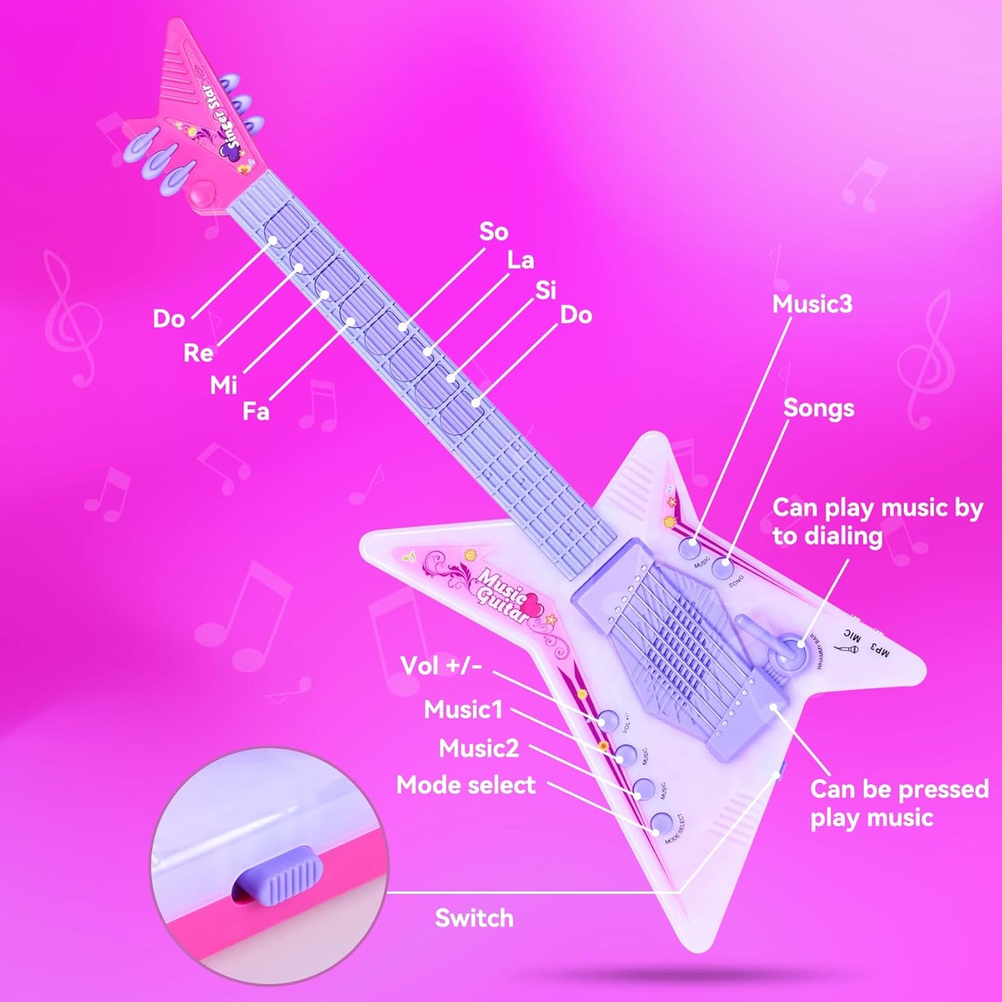 Guitar and Microphone Play Set with Glasses,Music Toys with Music&Light,Kids Karaoke Machine,Music Instruments for Toddlers,Girls,Perschool Educational Toys Gift for Children