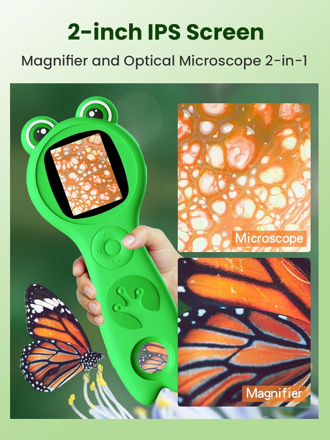 Microscope for Kids, 2 Inch Digital Microscope with 500X Magnifying Glass, 4× Zoom Handheld Camera Mini Pocket Magnification, Educational Science Toys for Ages 3+, Green