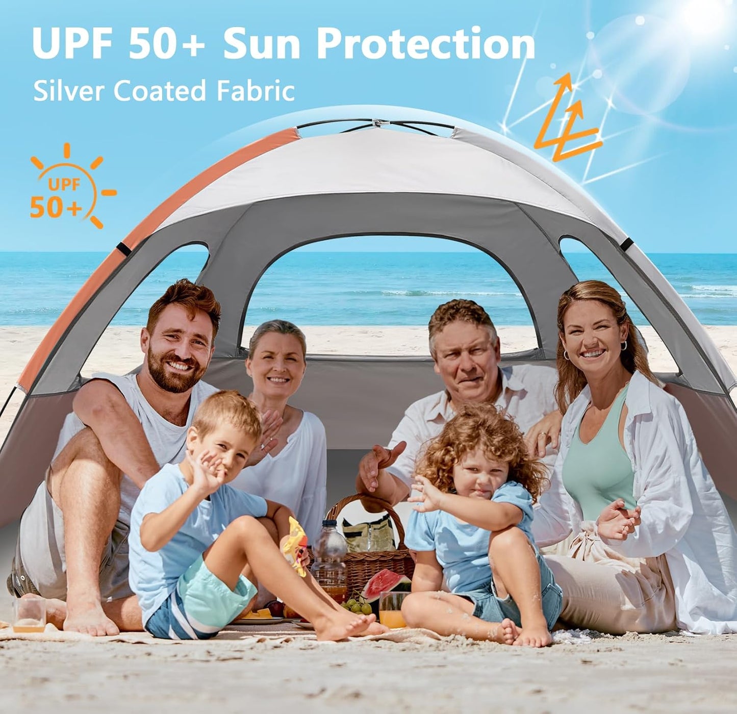 NXONE Beach Tent Sun Shade Shelter for 3/4/6 Person Person with UV Protection, Extended Floor, 3 Mesh Roll Up Windows & 8.0/8.5mm Fiberglass Rods丨Carry Bag Included