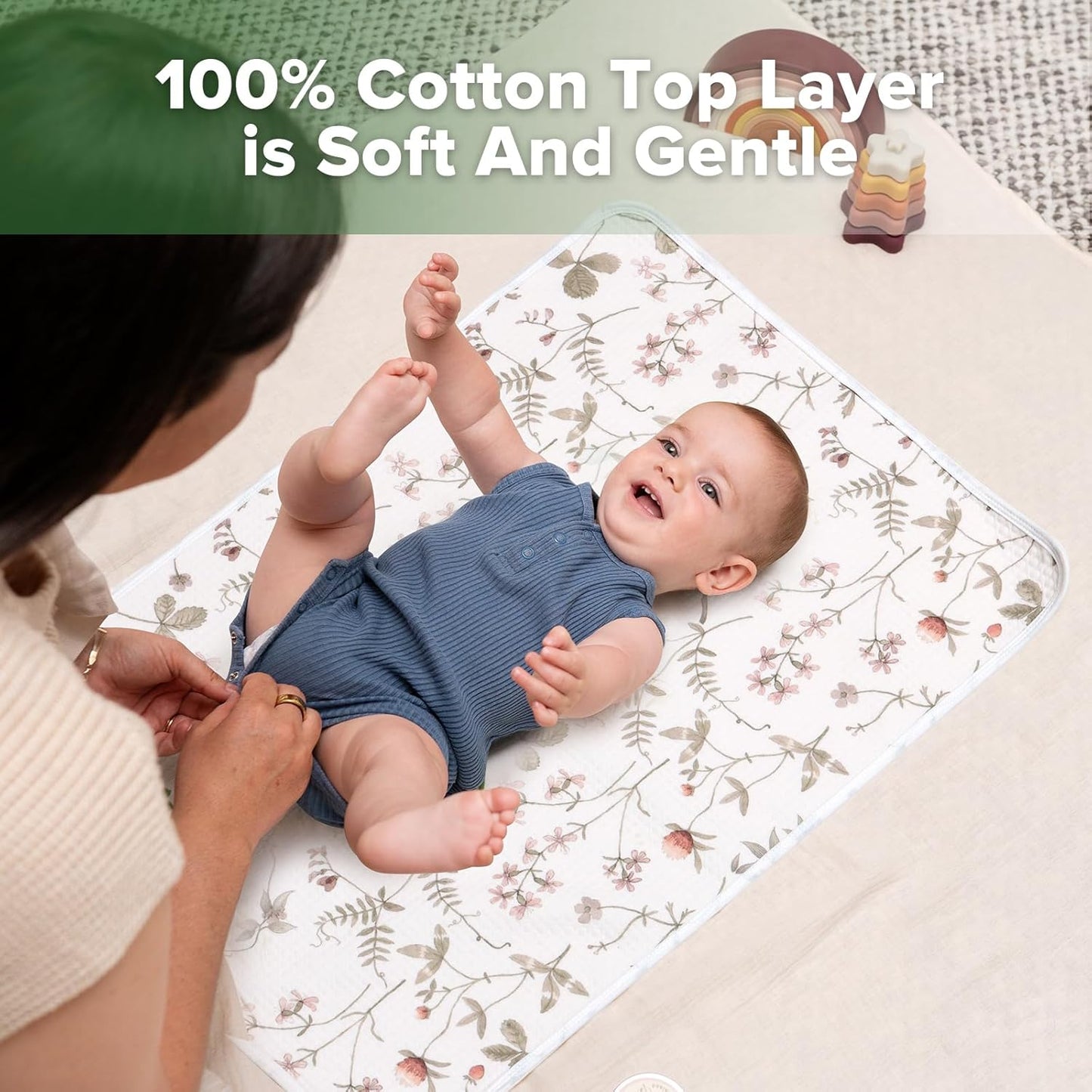 haakaa Waterproof Changing Pad Liners, 100% Cotton, Soft & Breathable (1pc, 19.5" x 27.5" Vintage Garden)